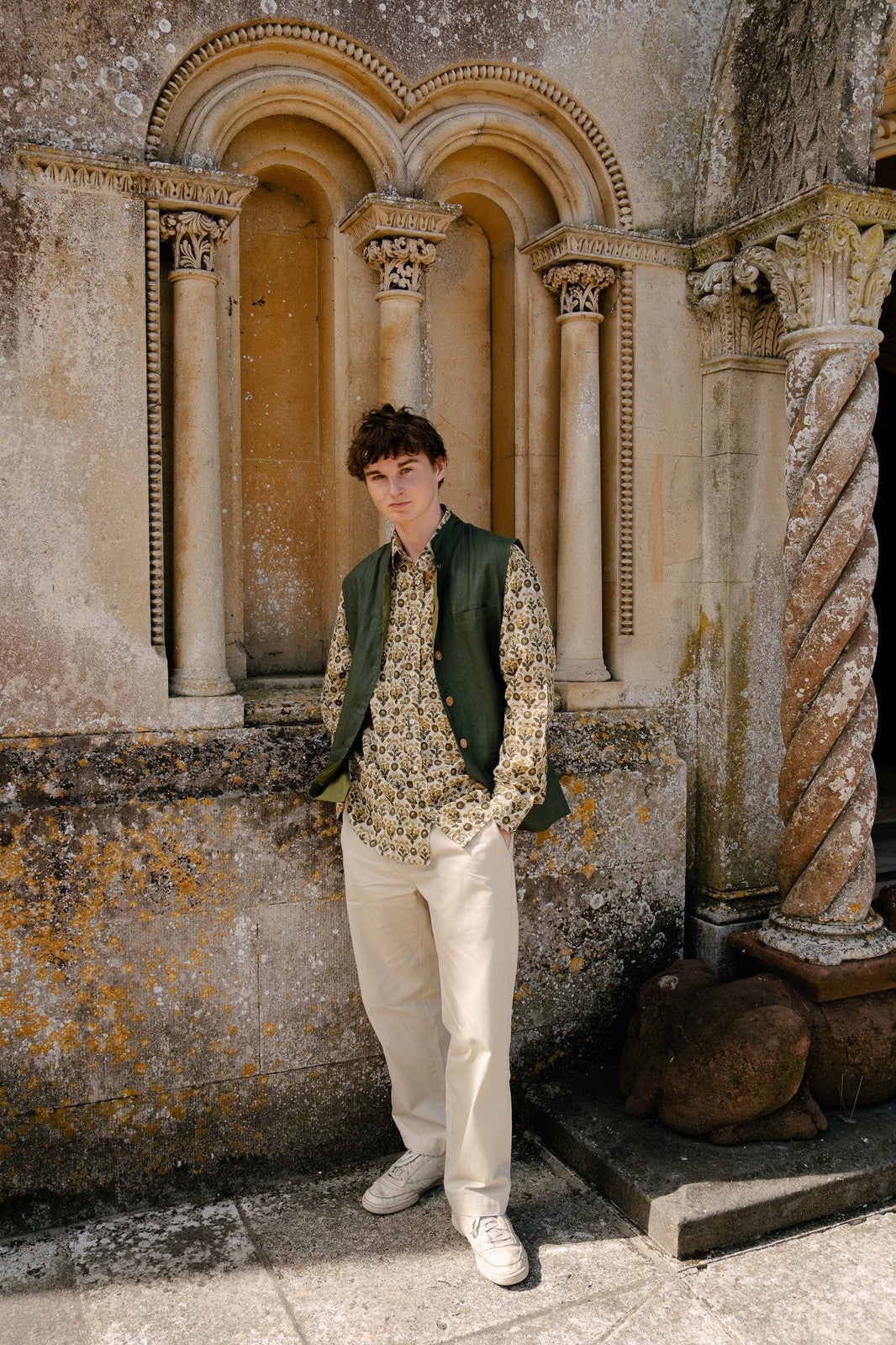 Reversible Linen Nehru Gilet Forest and Moss