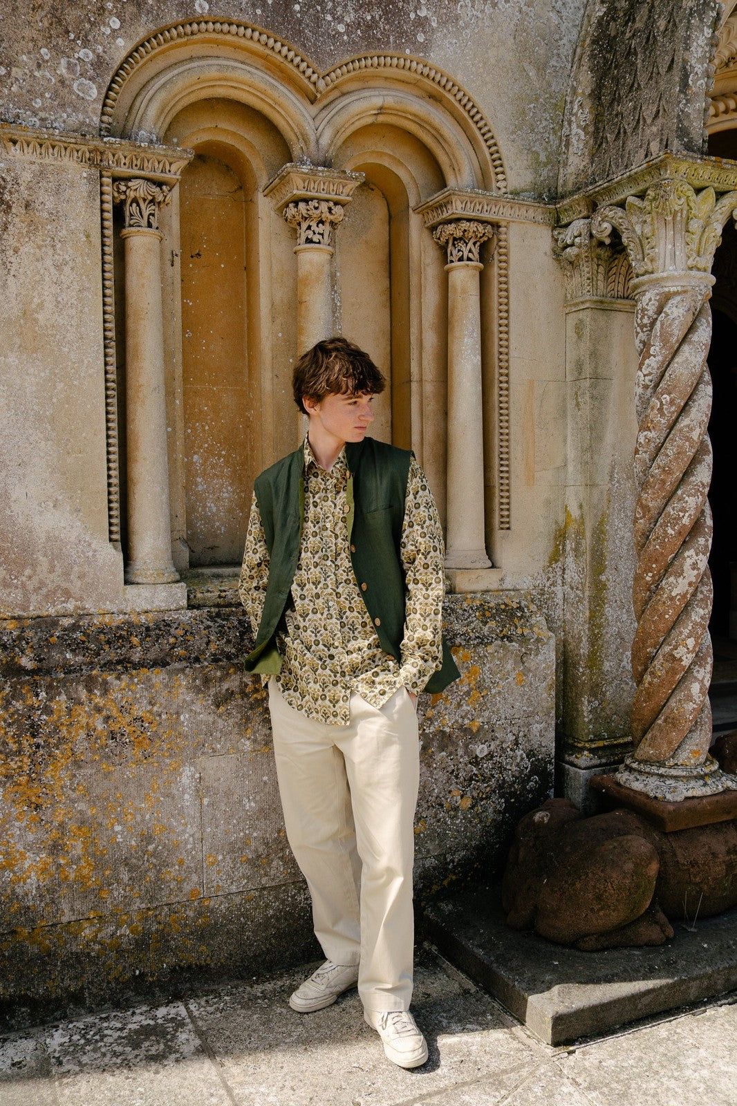 Reversible Linen Nehru Gilet Forest and Moss