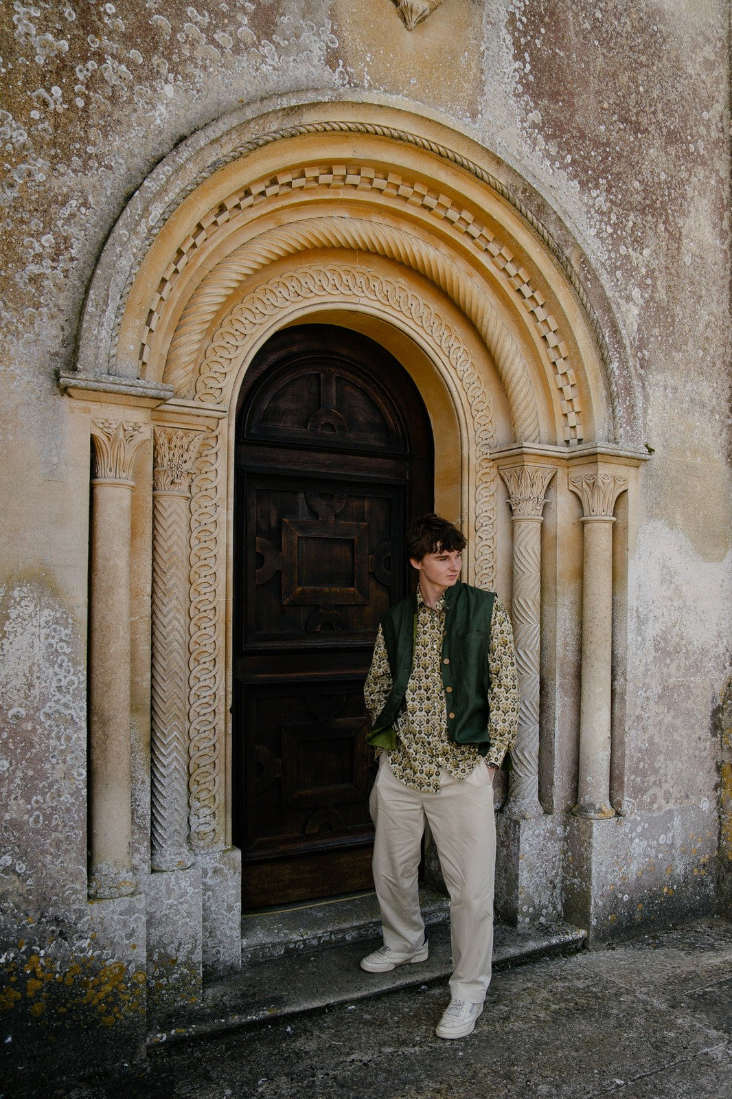 Reversible Linen Nehru Gilet Forest and Moss