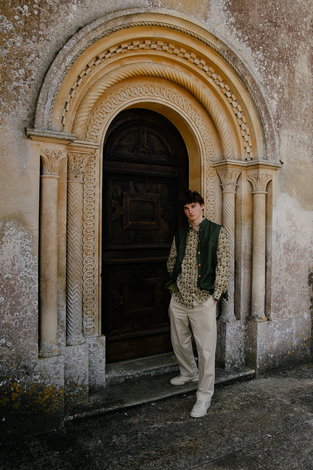 Reversible Linen Nehru Gilet Forest and Moss