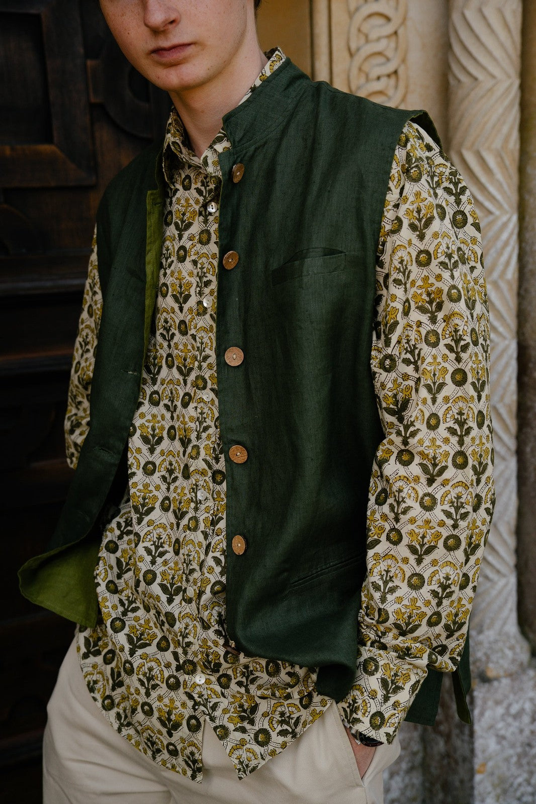 Reversible Linen Nehru Gilet Forest and Moss