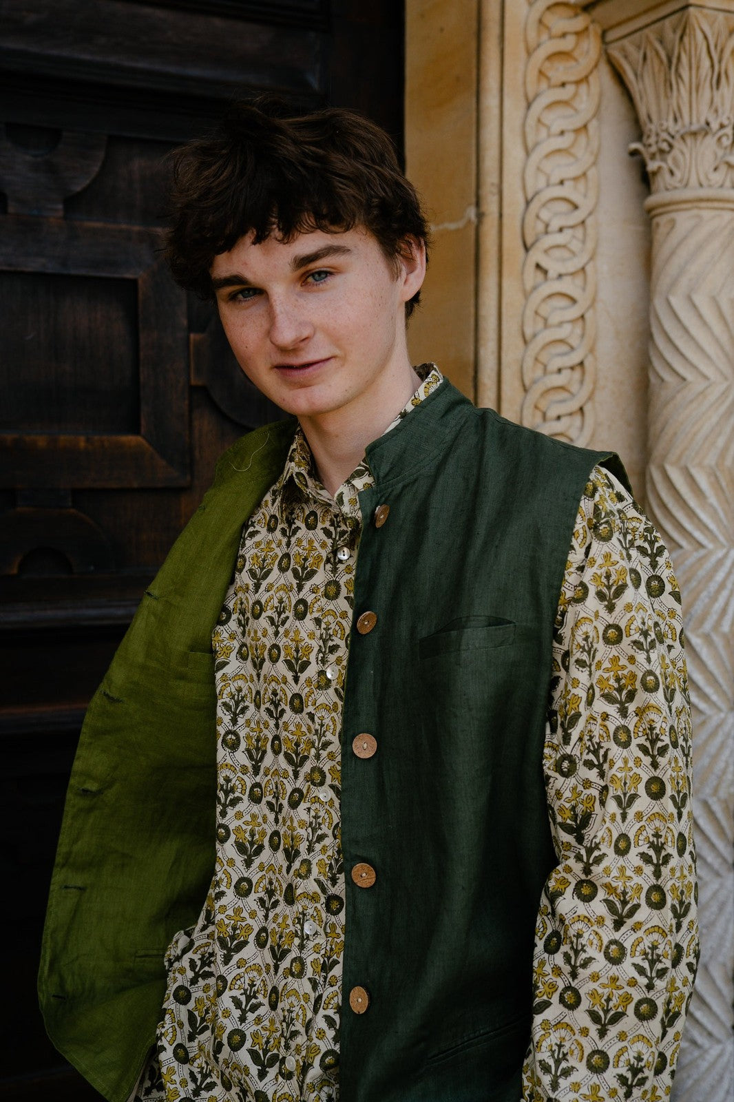 Reversible Linen Nehru Gilet Forest and Moss