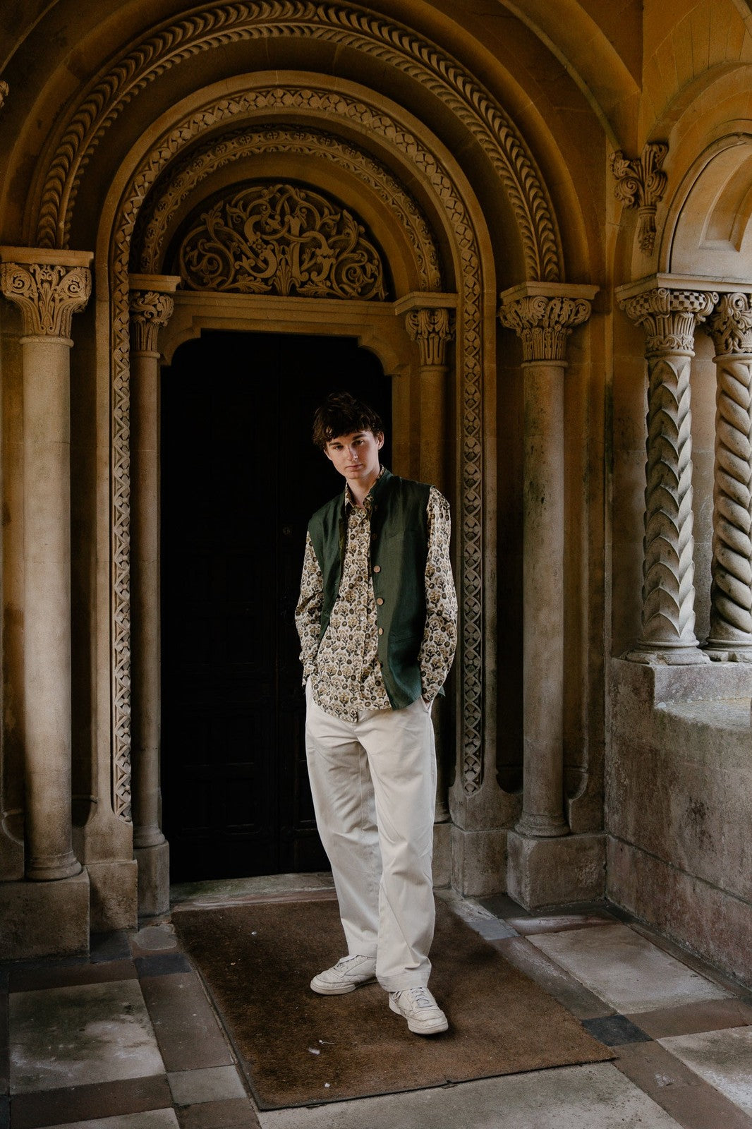 Reversible Linen Nehru Gilet Forest and Moss