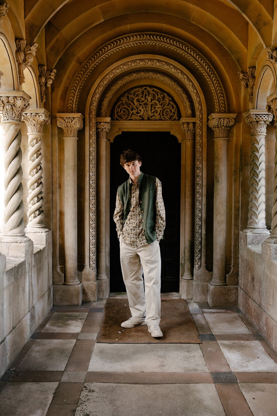 Reversible Linen Nehru Gilet Forest and Moss