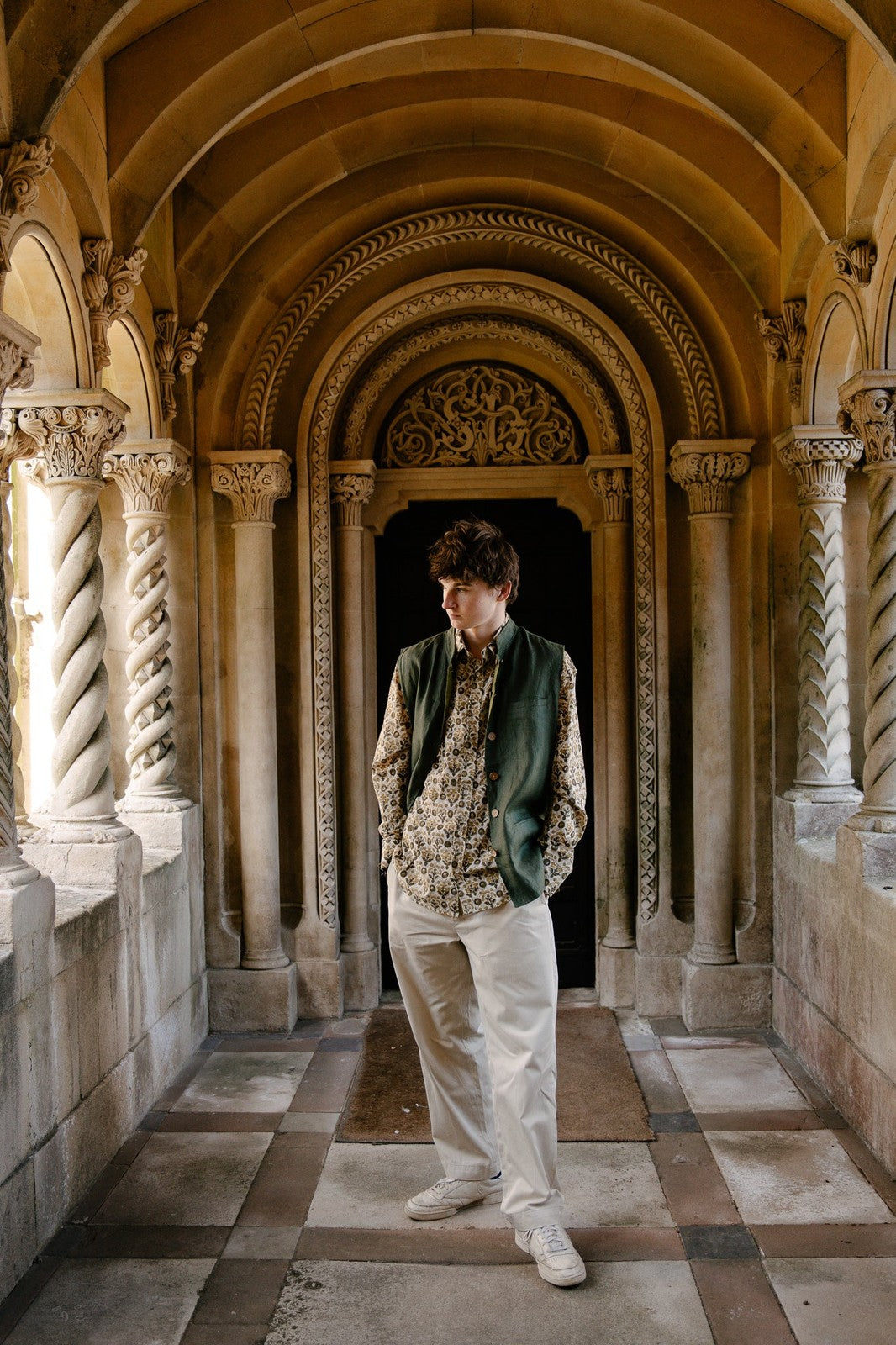 Reversible Linen Nehru Gilet Forest and Moss