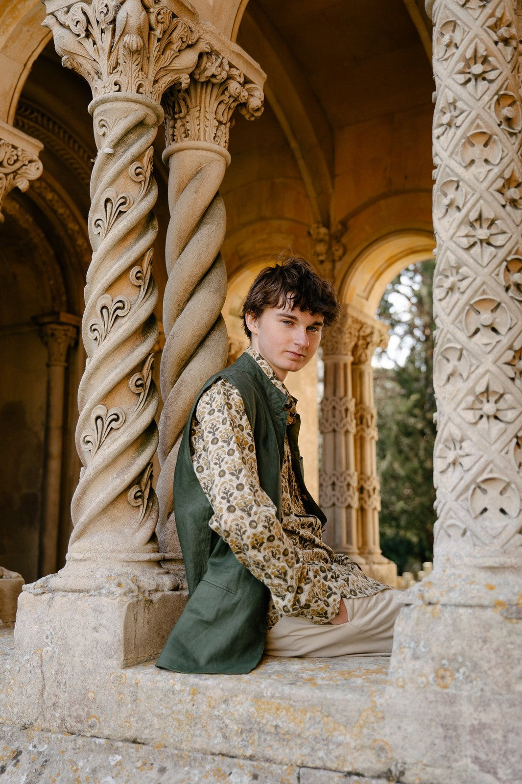 Reversible Linen Nehru Gilet Forest and Moss