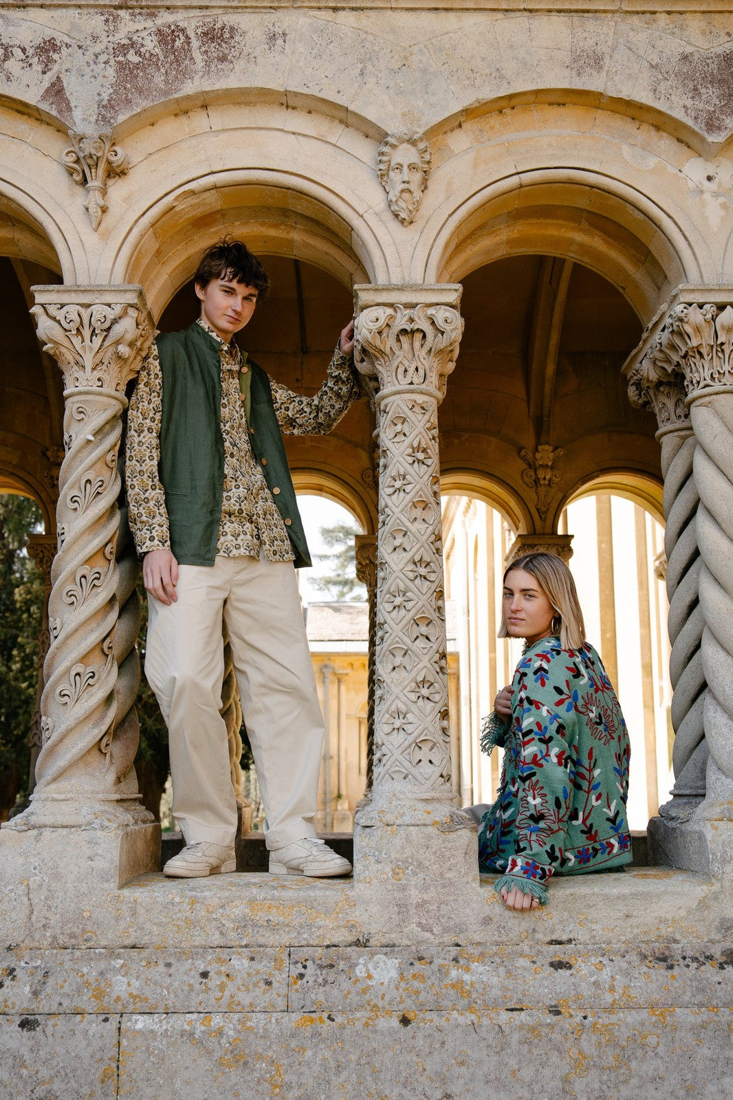 Reversible Linen Nehru Gilet Forest and Moss