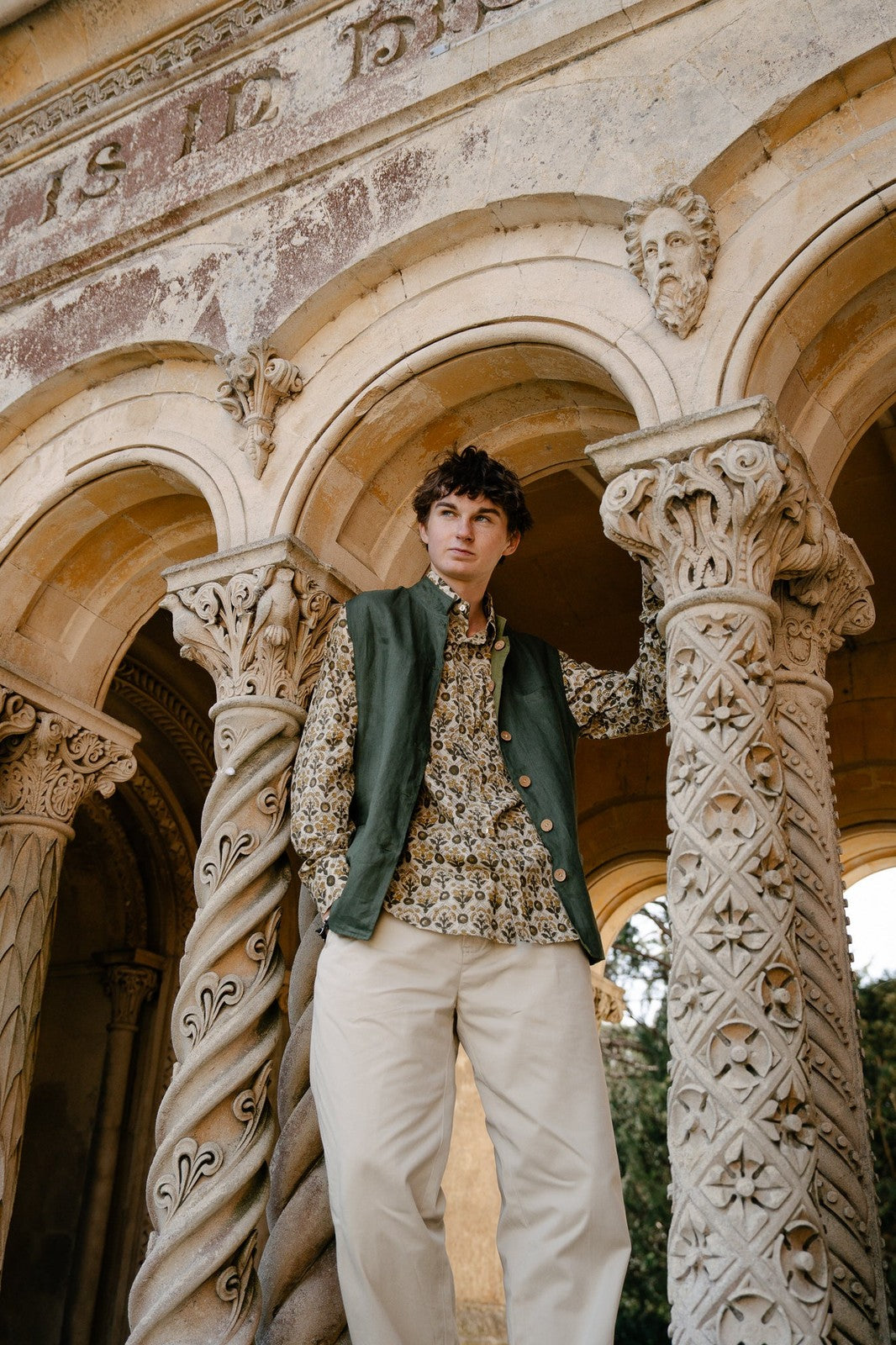 Reversible Linen Nehru Gilet Forest and Moss