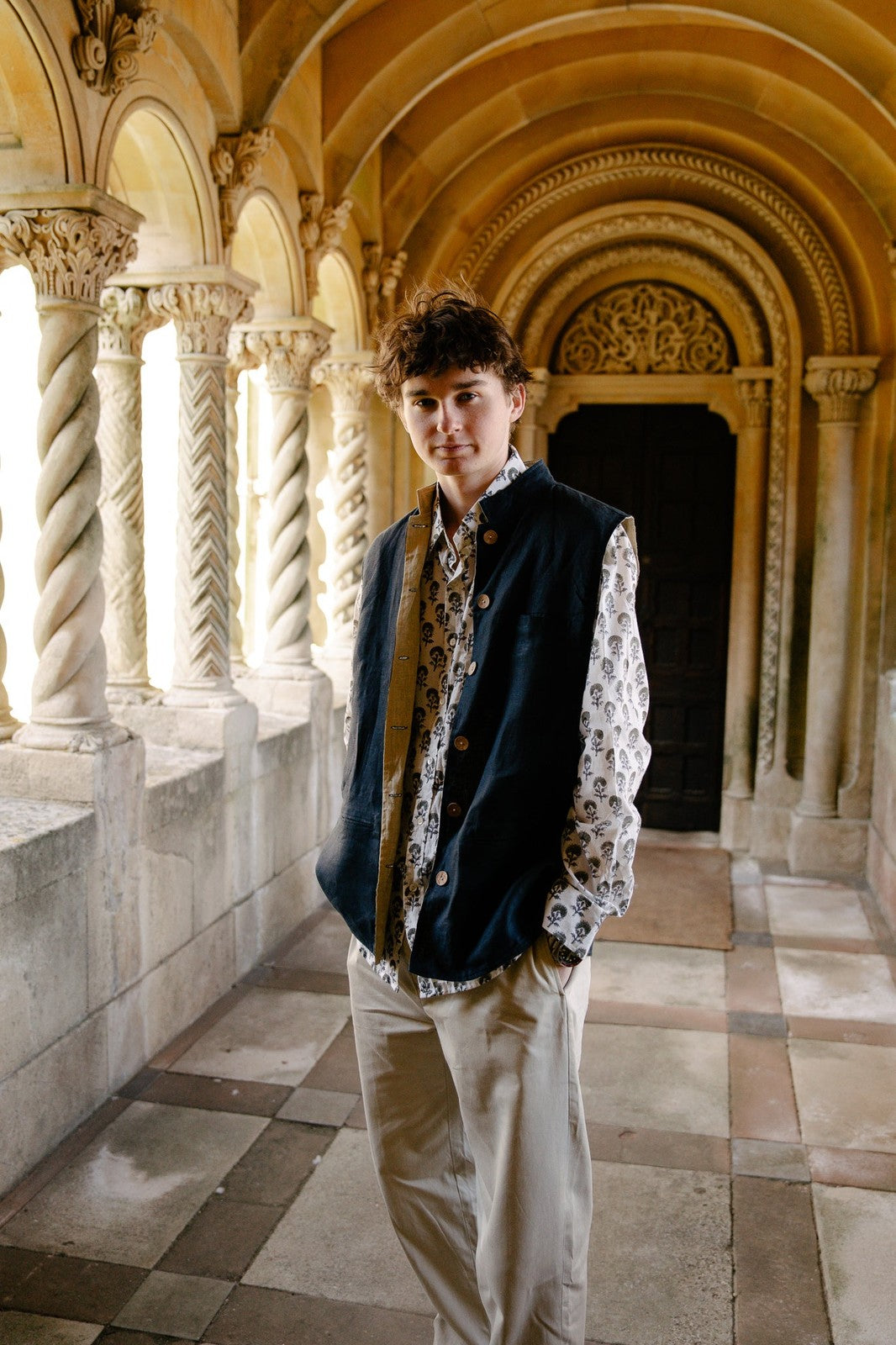 Reversible Linen Nehru Gilet Navy and Straw