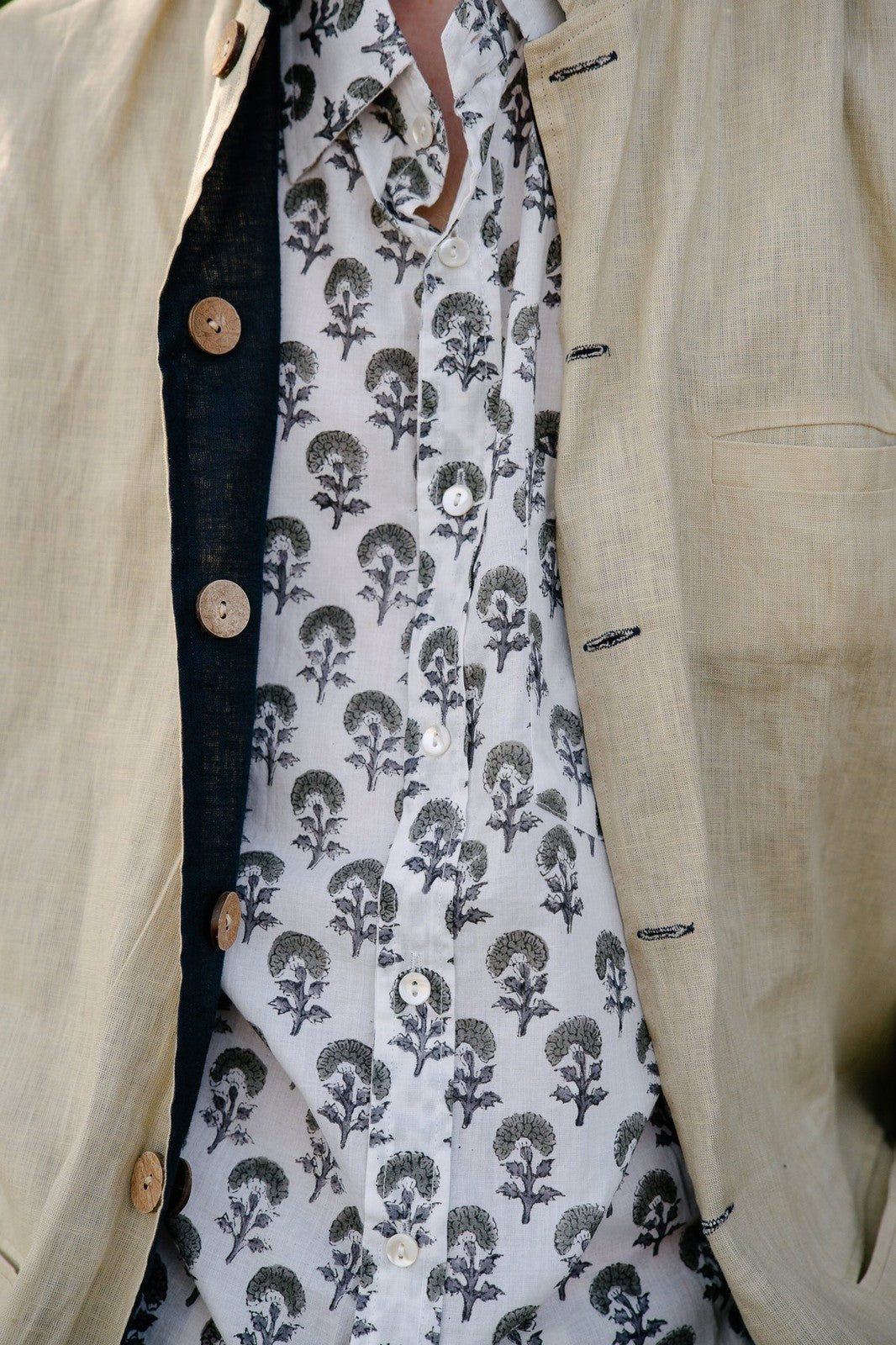 Reversible Linen Nehru Gilet Navy and Straw