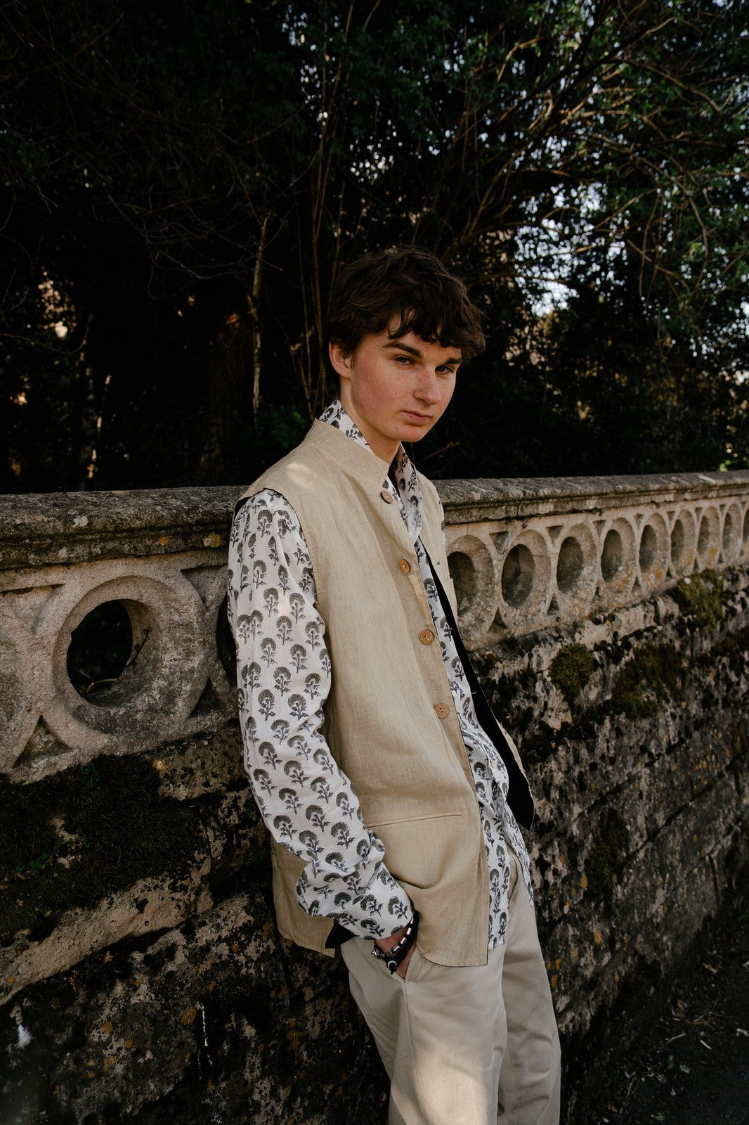 Reversible Linen Nehru Gilet Navy and Straw