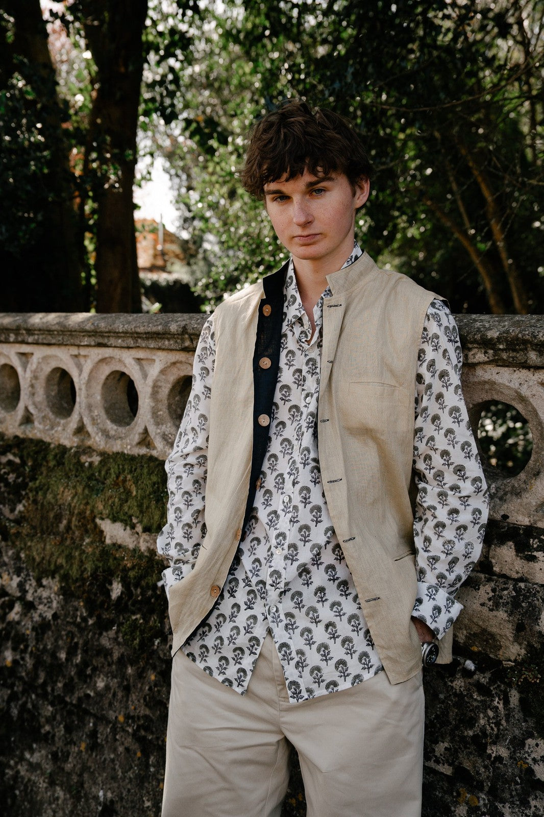 Reversible Linen Nehru Gilet Navy and Straw