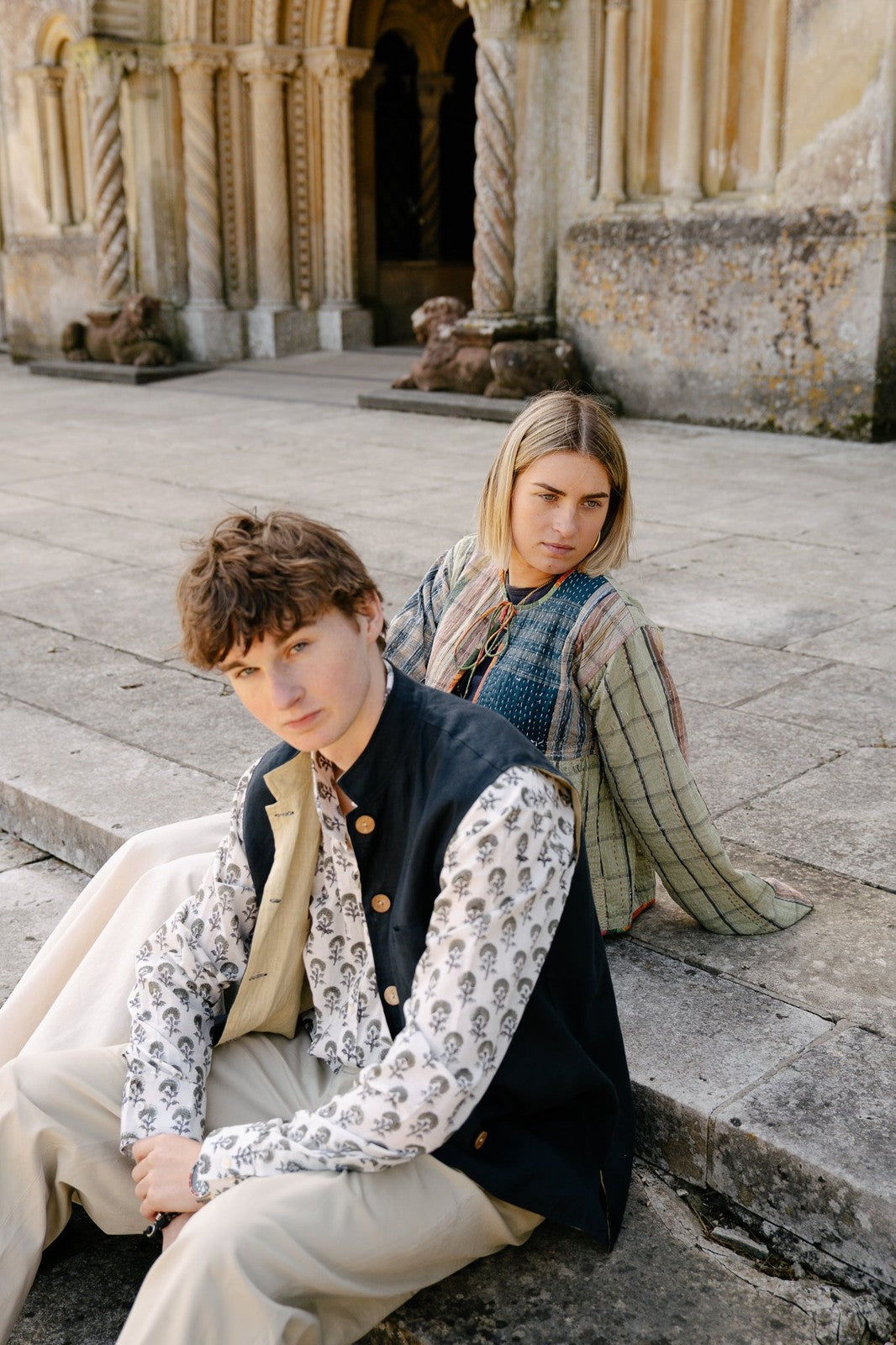 Reversible Linen Nehru Gilet Navy and Straw