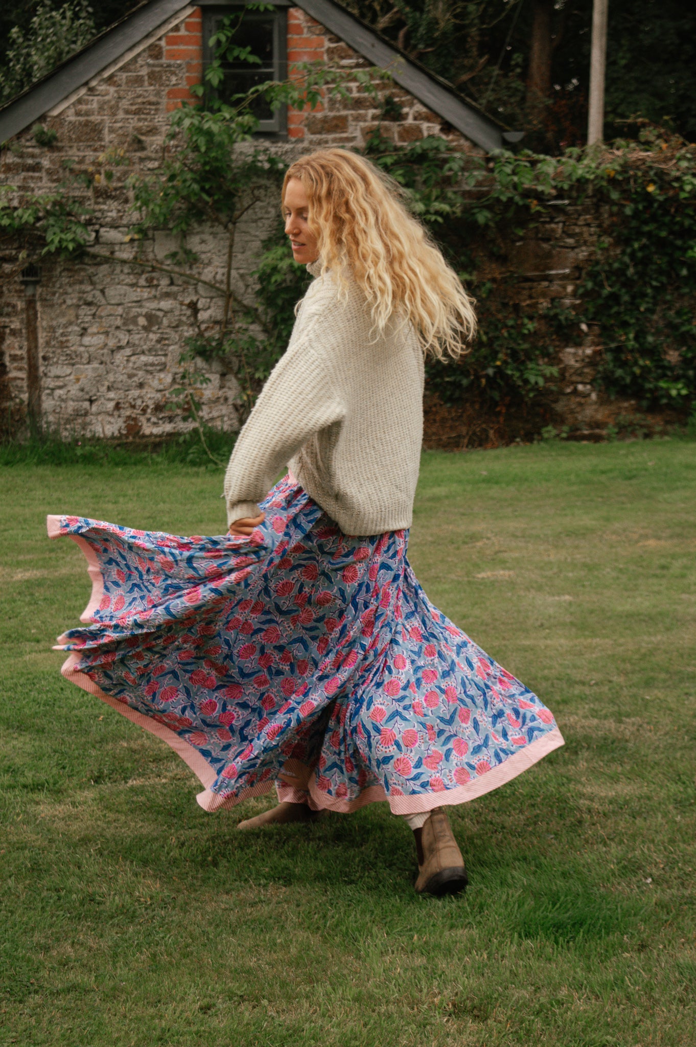 Indian Block Print Skirt - Blue and Pink