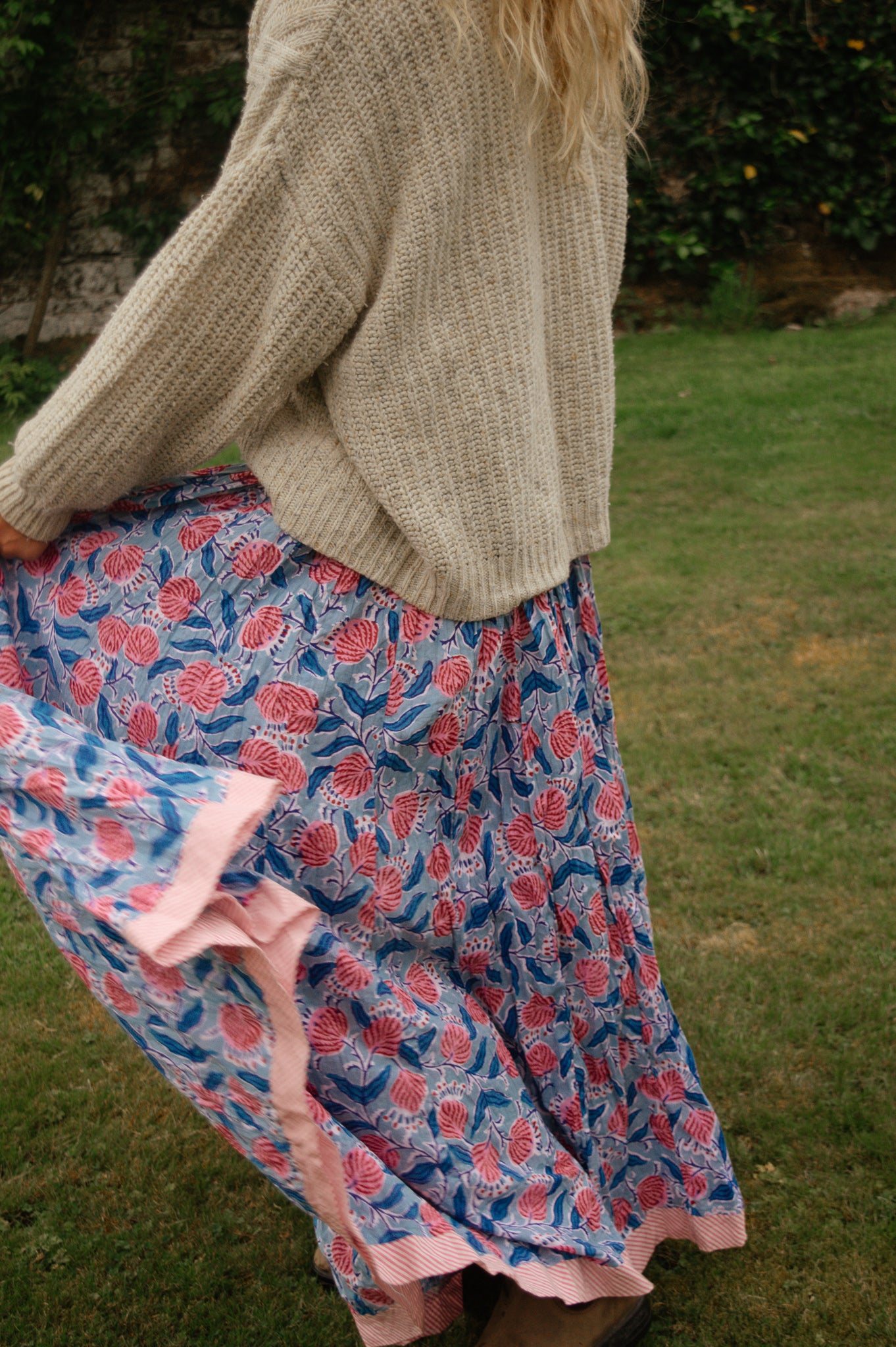Indian Block Print Skirt - Blue and Pink