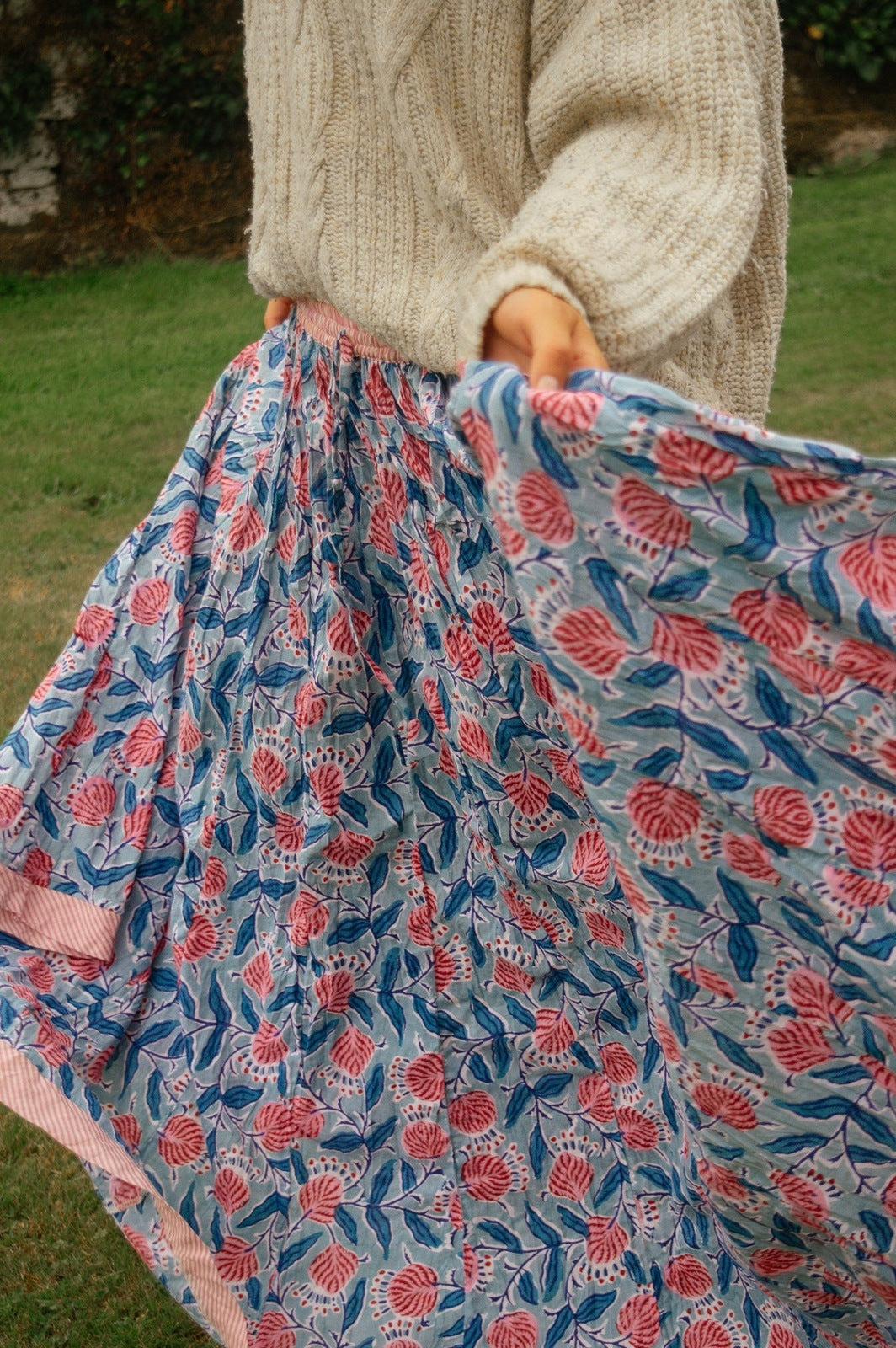 Indian Block Print Skirt - Blue and Pink