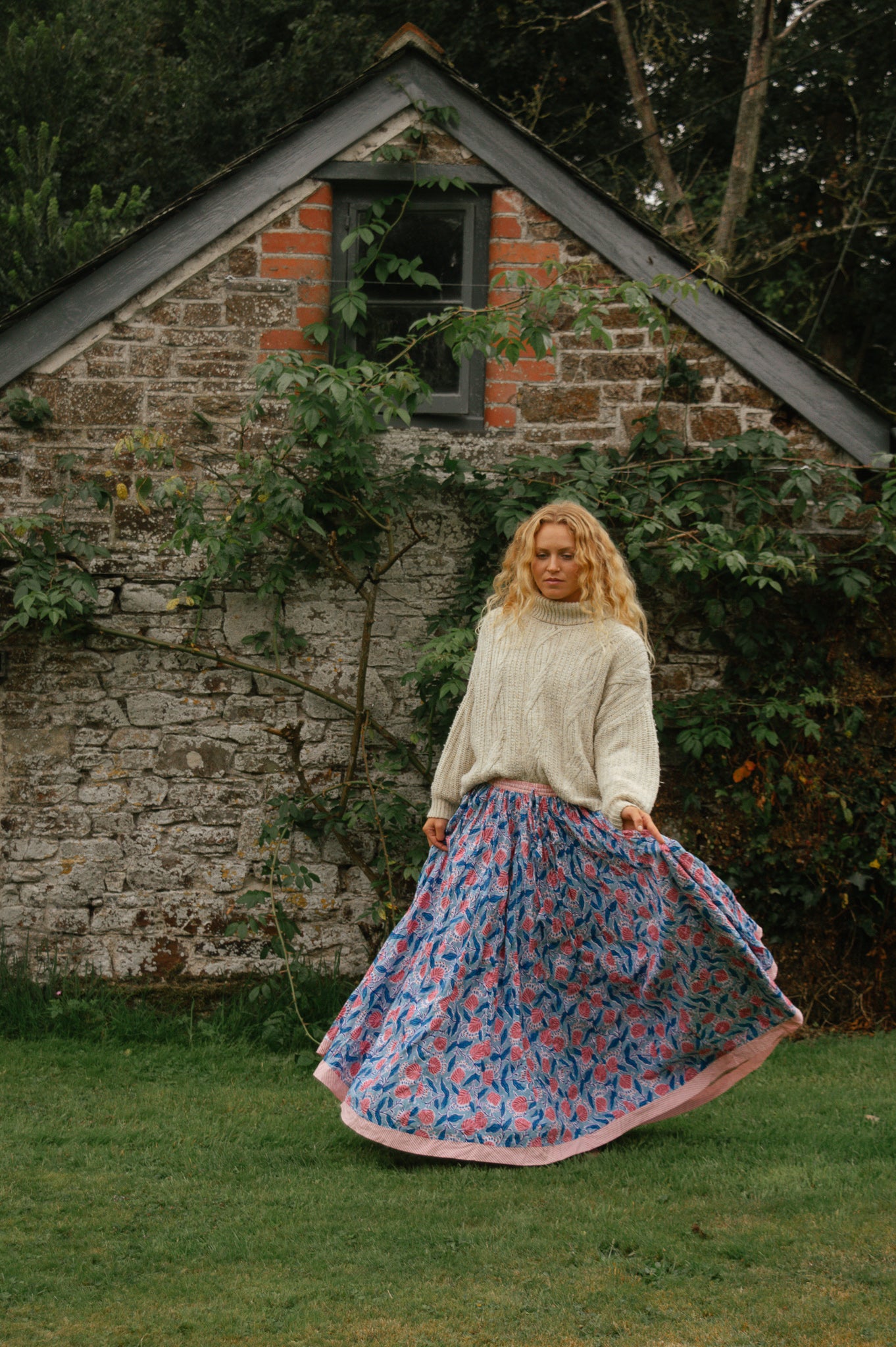 Indian Block Print Skirt - Blue and Pink