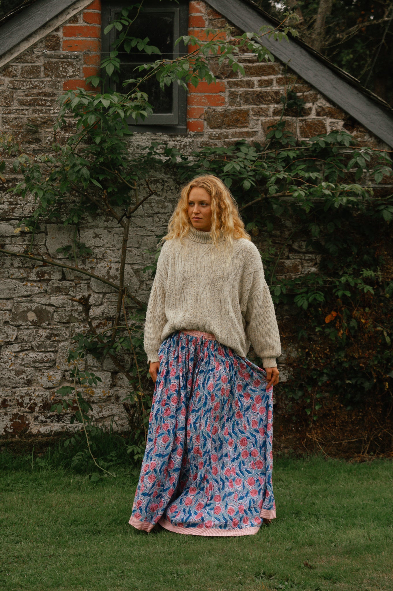 Indian Block Print Skirt - Blue and Pink