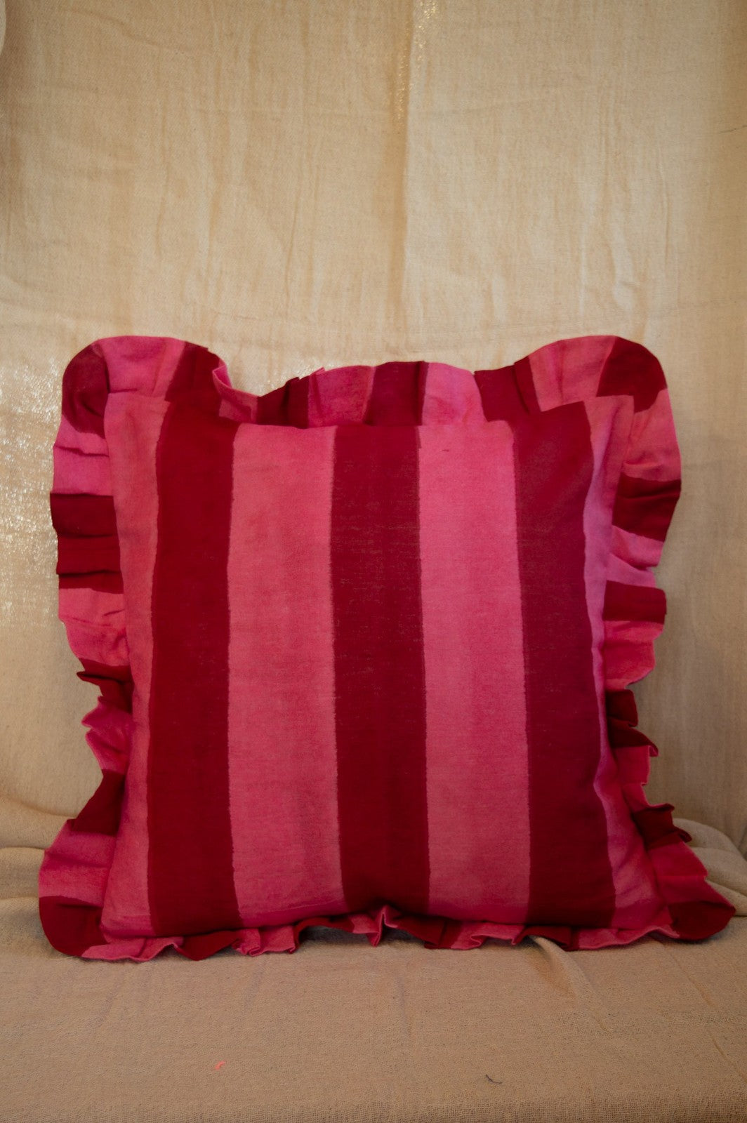 Red and Pink Stripe Linen Ruffle Cushion Cover