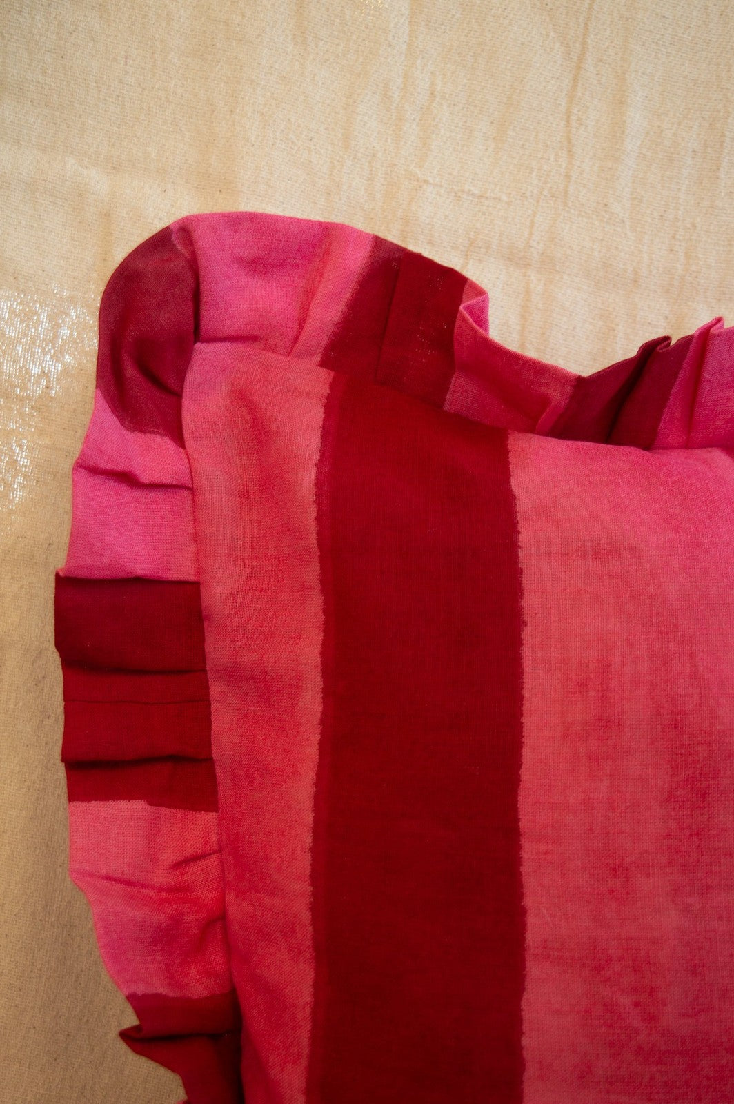 Red and Pink Stripe Linen Ruffle Cushion Cover