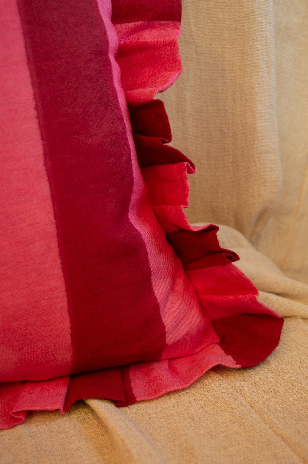 Red and Pink Stripe Linen Ruffle Cushion Cover