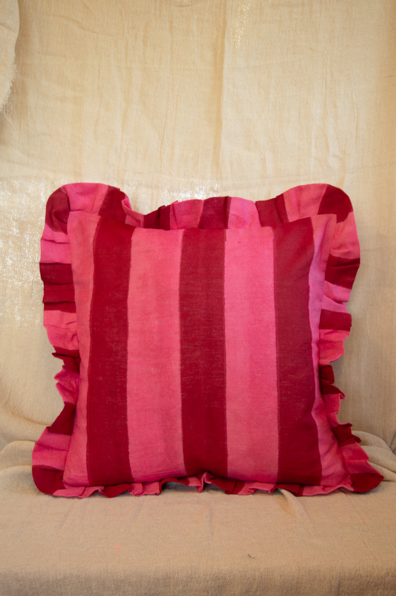 Ruffle Linen Cushion Cover - Red/Pink