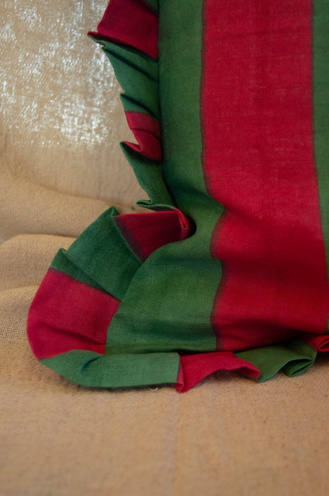 Ruffle Linen Cushion Cover - Green/Red