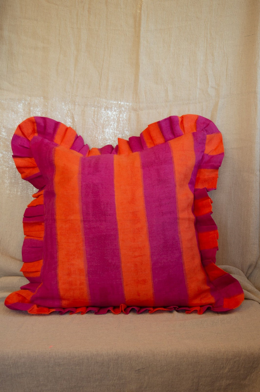 Ruffle Linen Cushion Cover - Pink/Orange