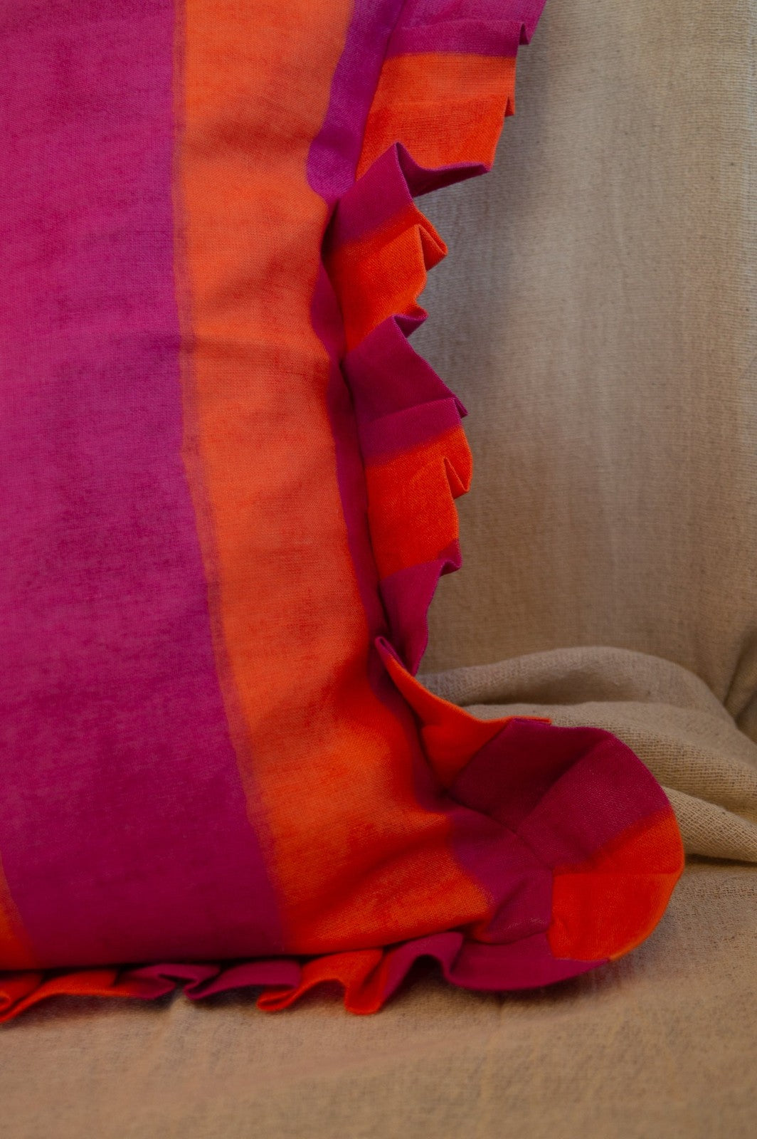 Ruffle Linen Cushion Cover - Pink/Orange