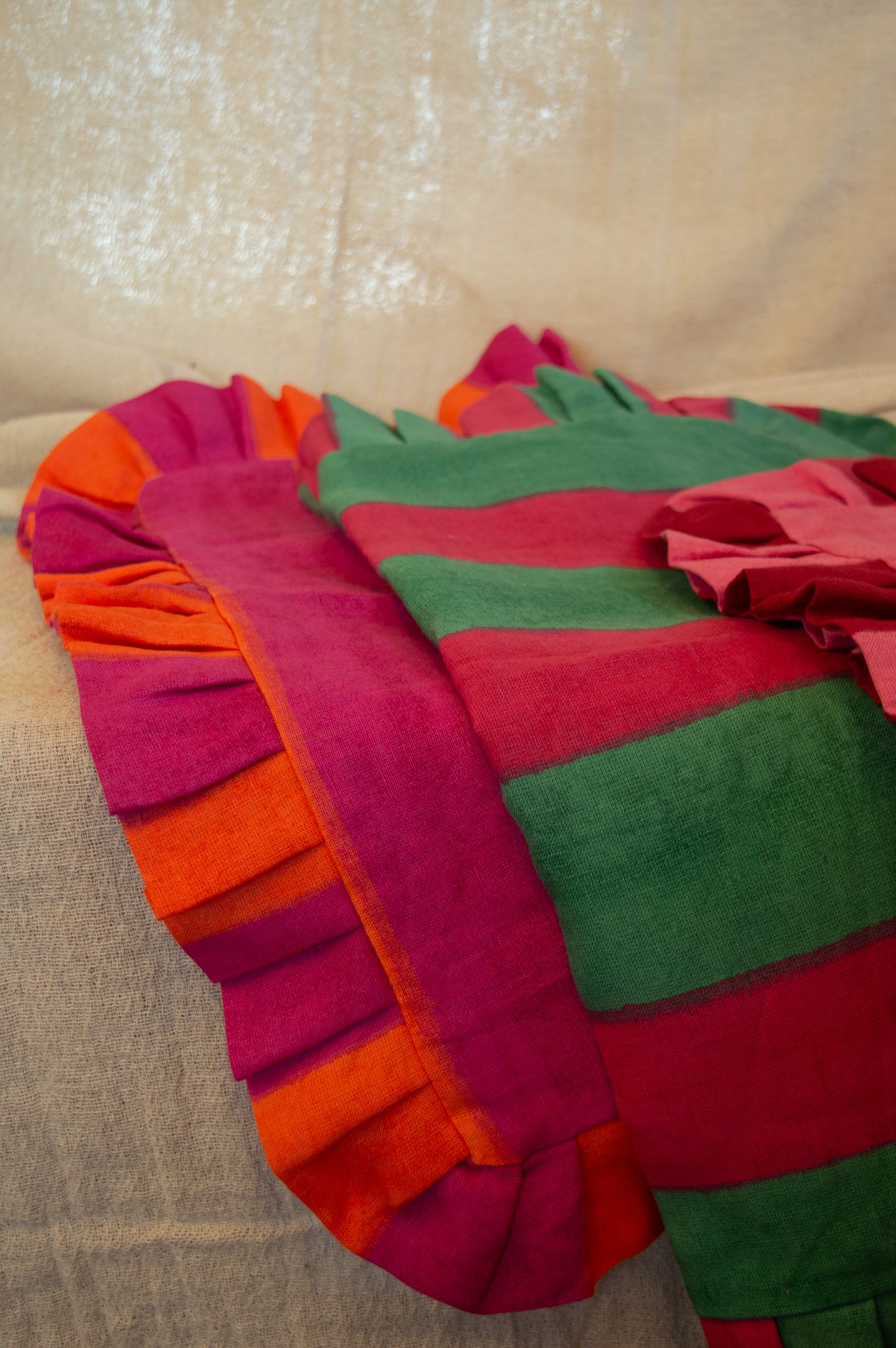 Ruffle Linen Cushion Cover - Pink/Orange