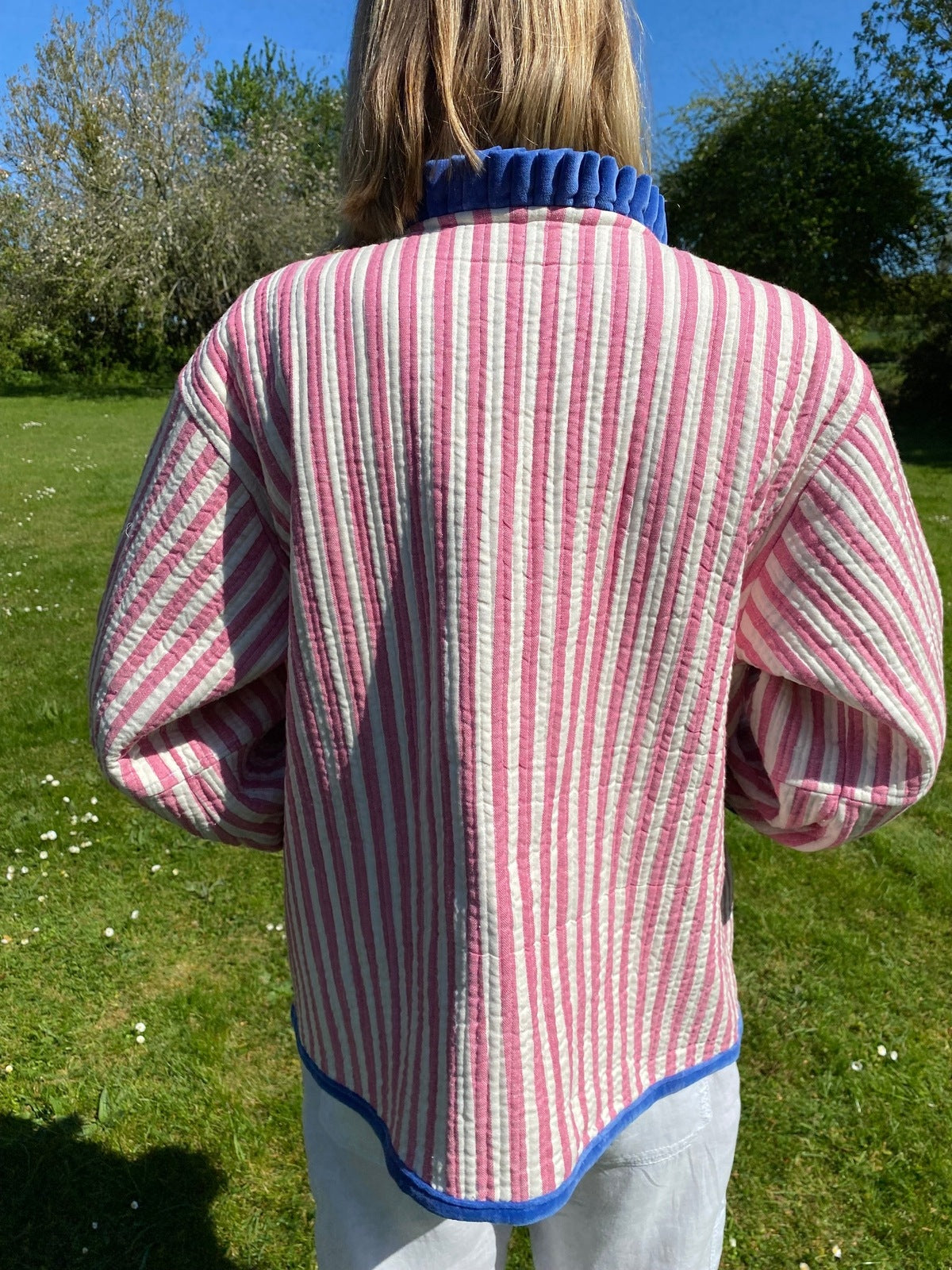 Liv Reversible Jacket - Pink and Cream Stripe with Blue and White Stripe Reverse