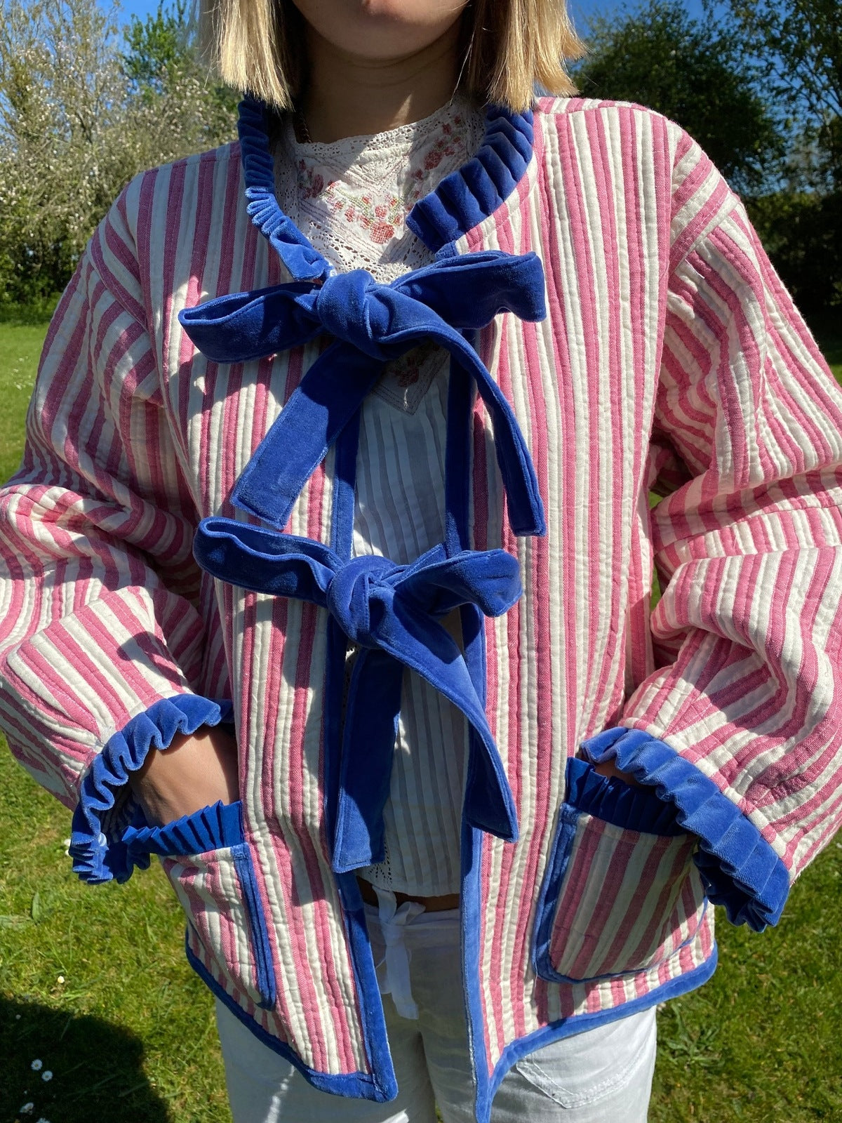 Liv Reversible Jacket - Pink and Cream Stripe with Blue and White Stripe Reverse
