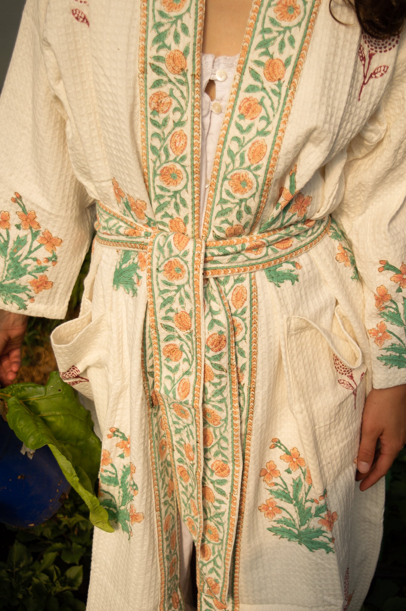 Cotton Waffle Indian Block Print Dressing Gown - Peach and Burgundy Flower