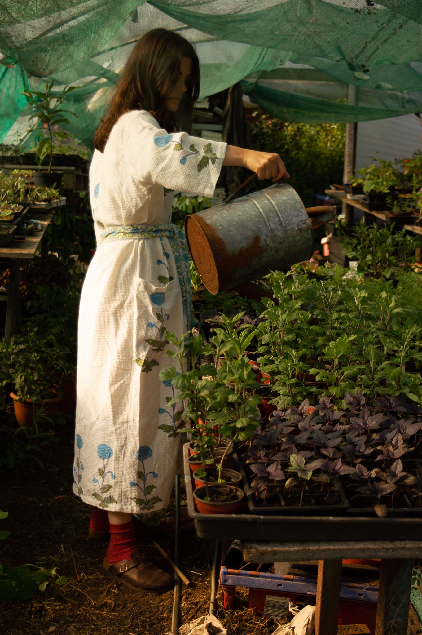 Cotton Waffle Indian Block Print Dressing Gown - Blue Pom Pom Flower