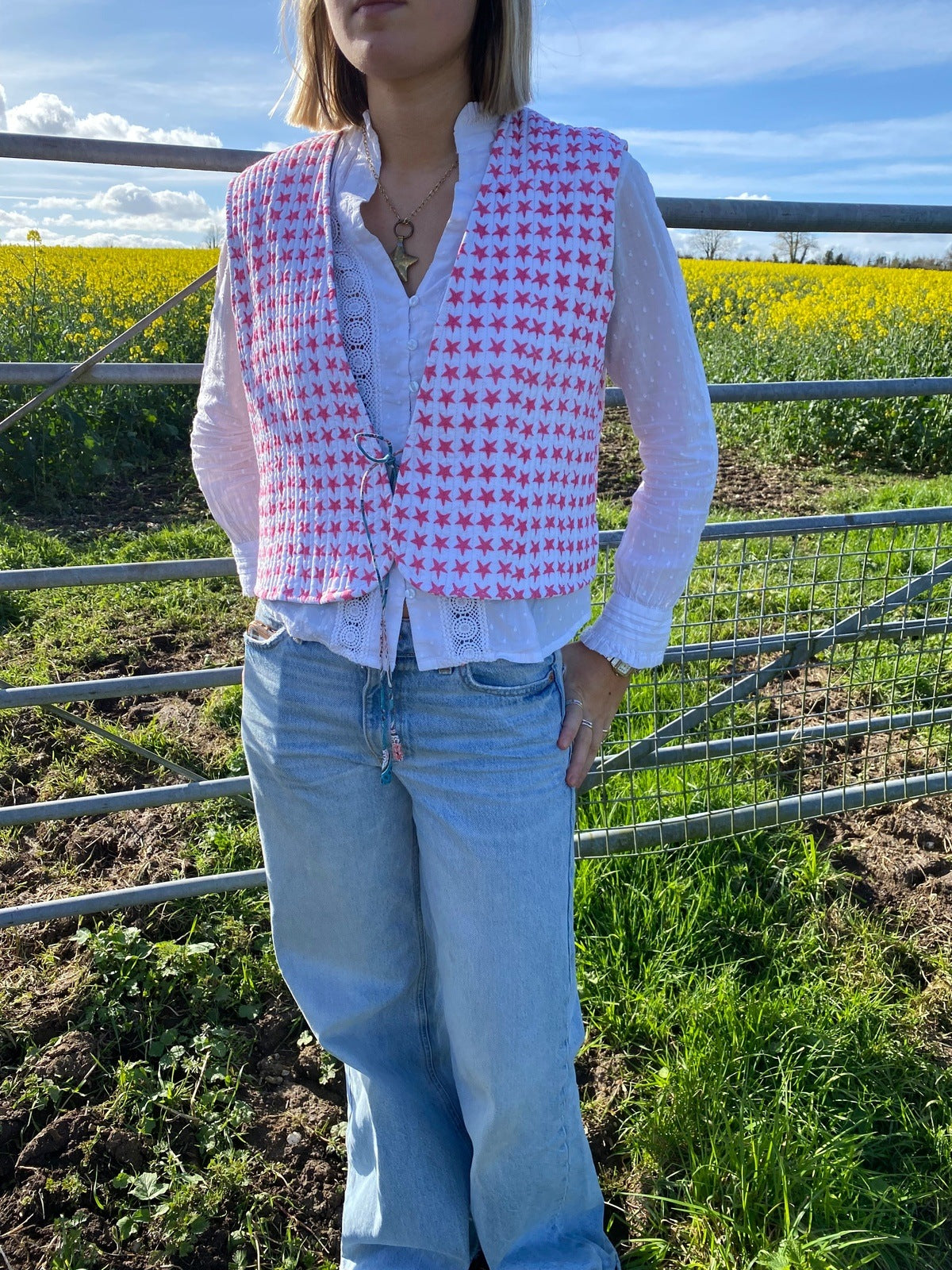 Reversible Cropped Quilted Gilet- Blue Paisley and Pink Star