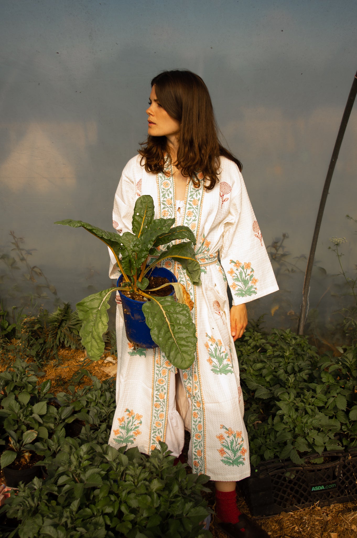 Cotton Waffle Indian Block Print Dressing Gown - Peach and Burgundy Flower