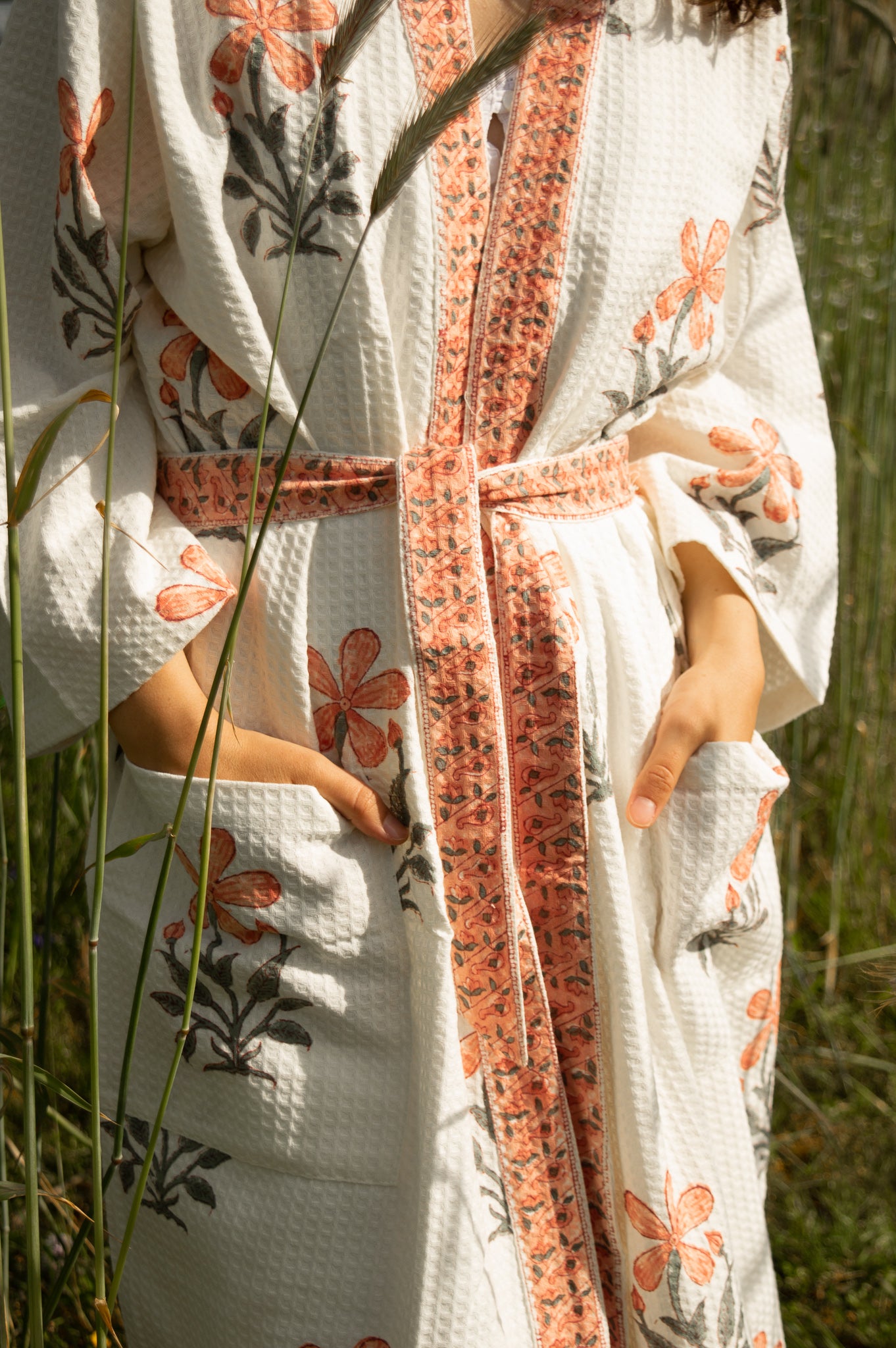 Cotton Waffle Indian Block Print Dressing Gown - Peach Flowers