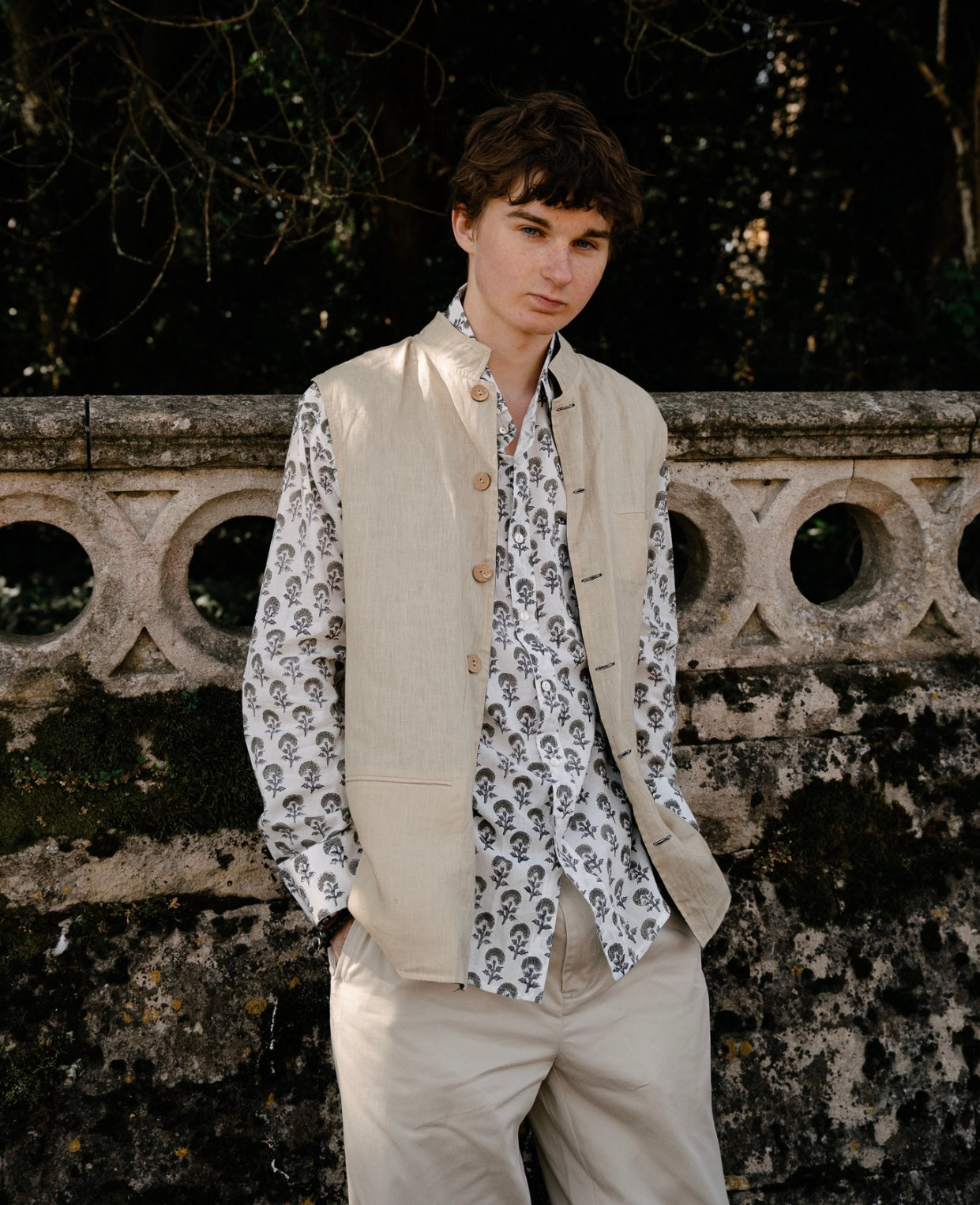 Reversible Linen Nehru Gilet Navy and Straw