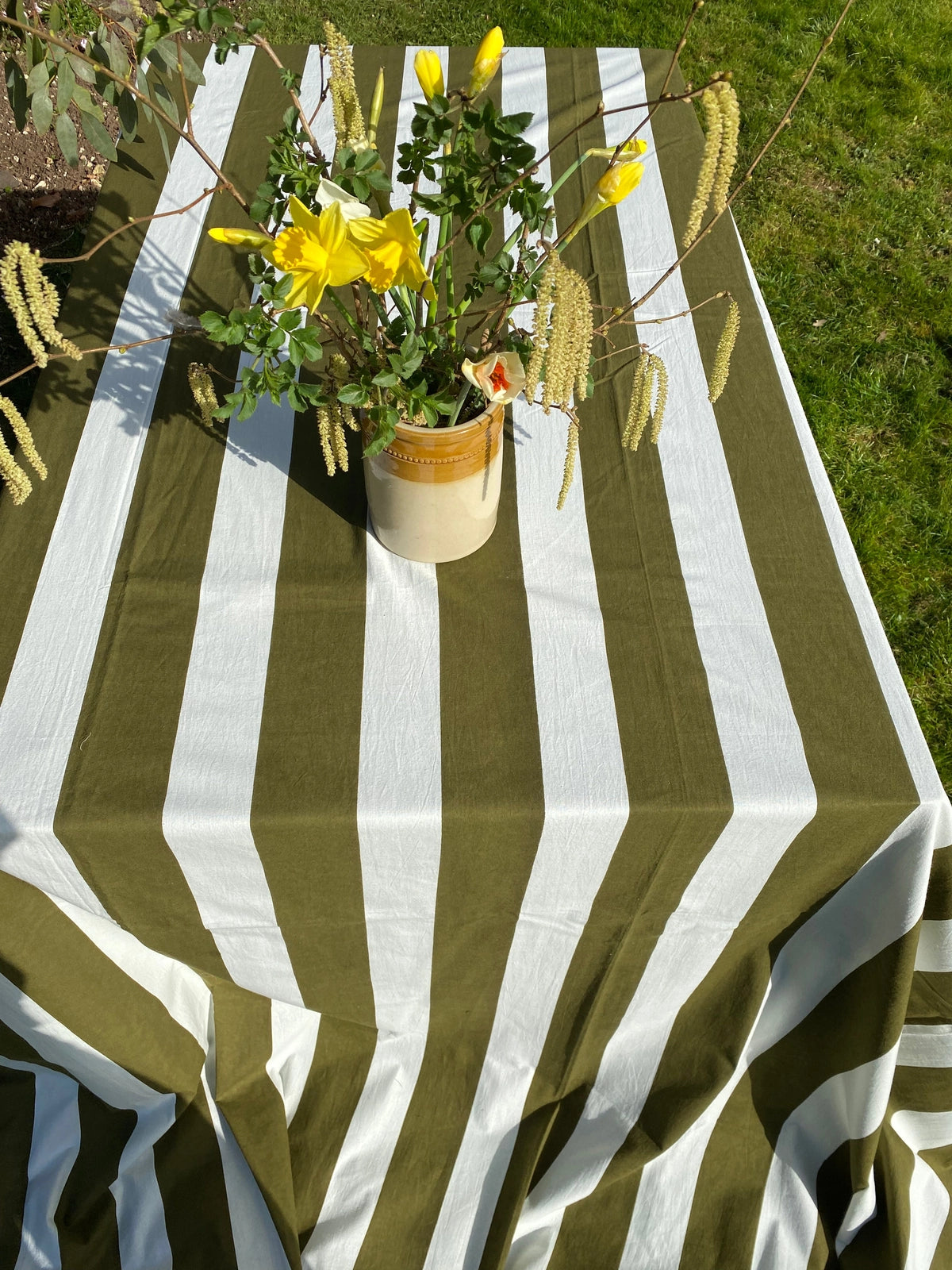 Indian Block Print Tablecloth - Khaki Stripe