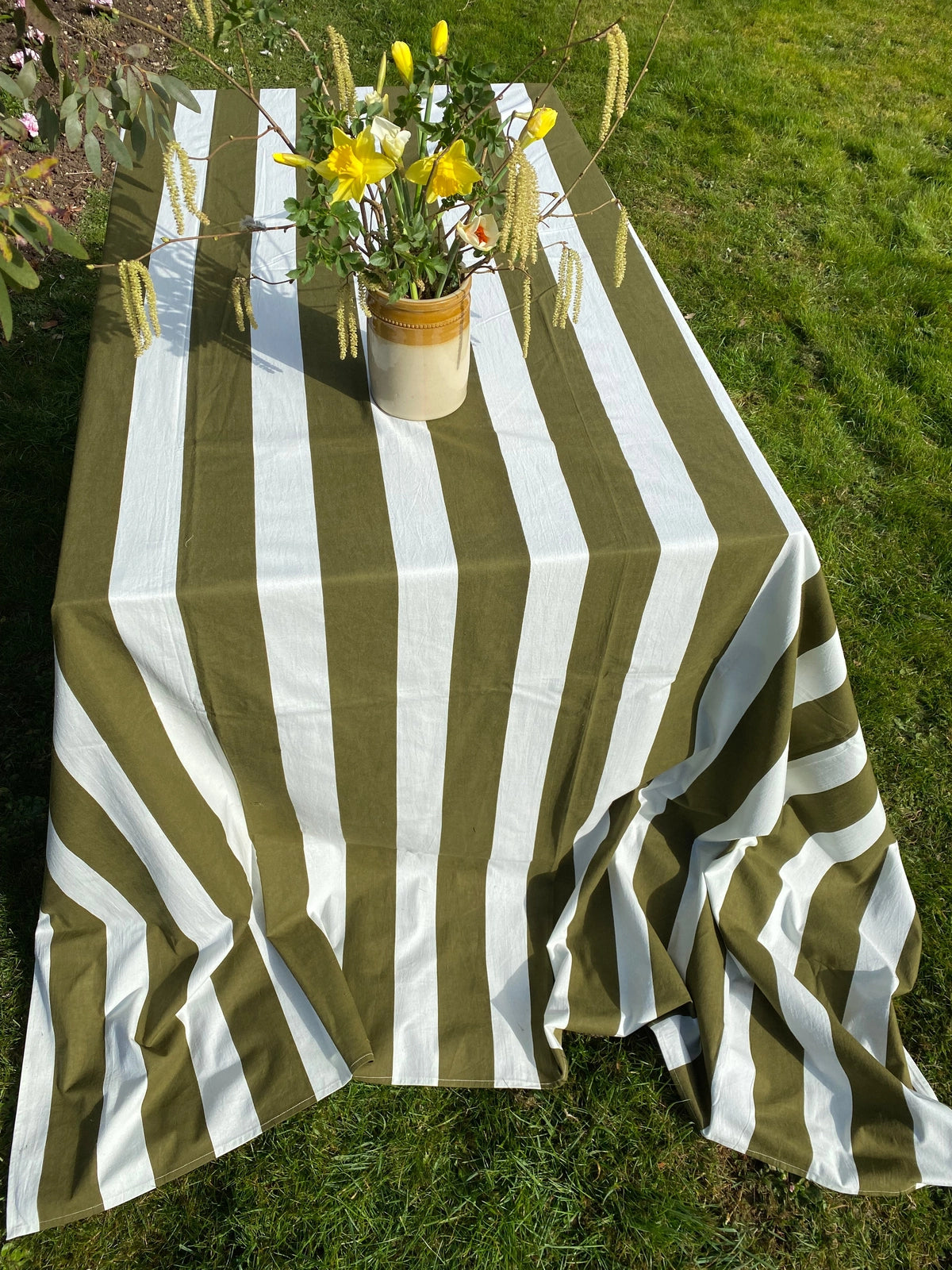 Indian Block Print Tablecloth - Khaki Stripe