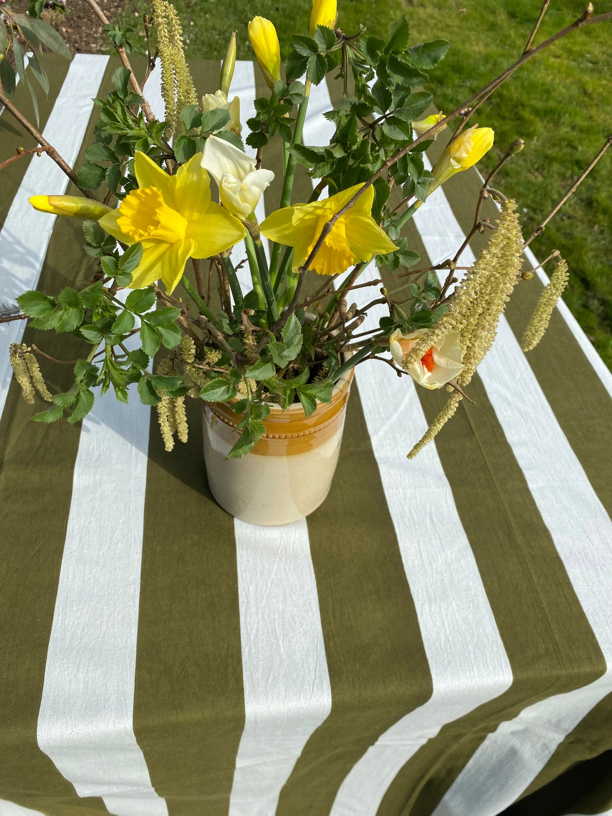 Indian Block Print Tablecloth - Khaki Stripe