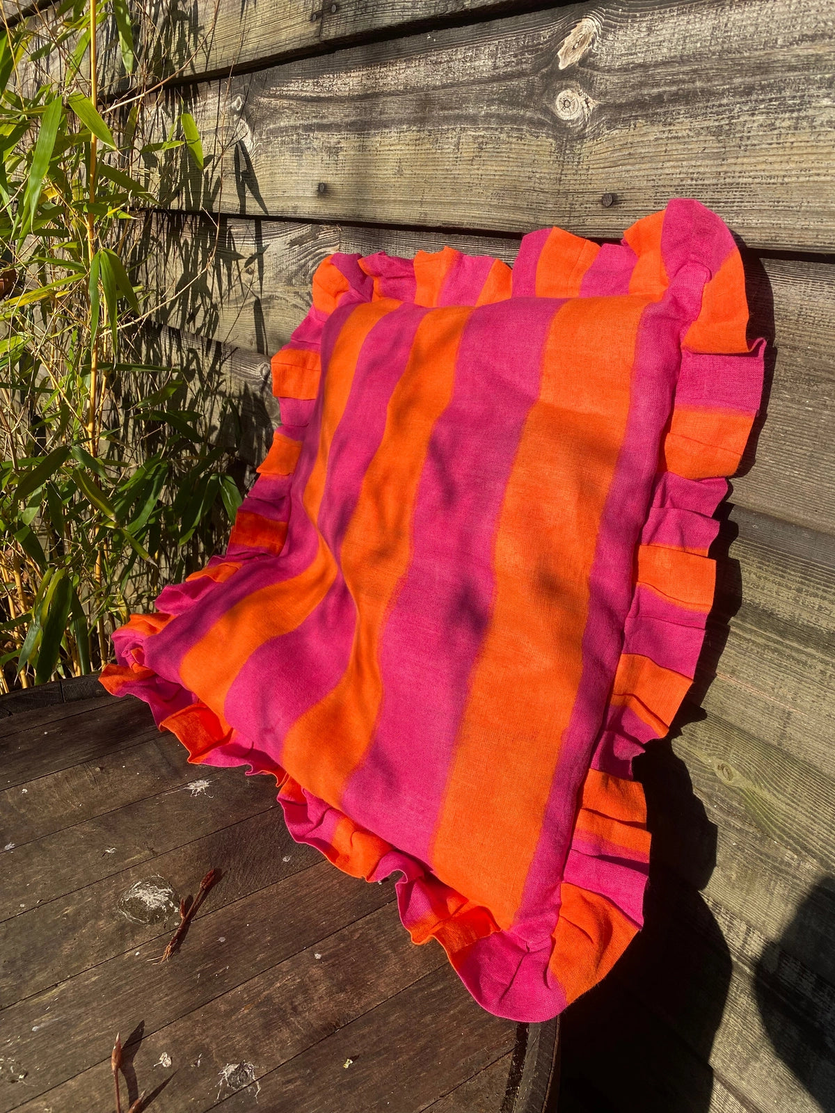 Ruffle Linen Cushion Cover - Pink/Orange