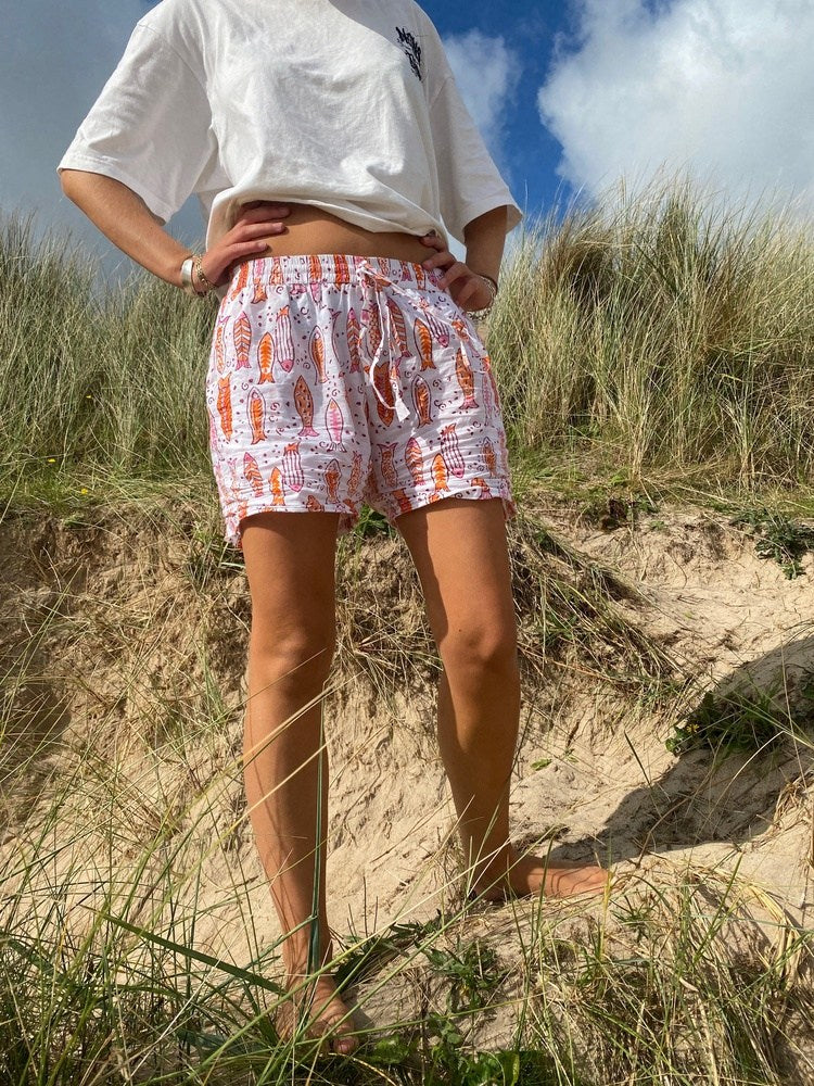 Unisex Indian Block Print Shorts - Fish