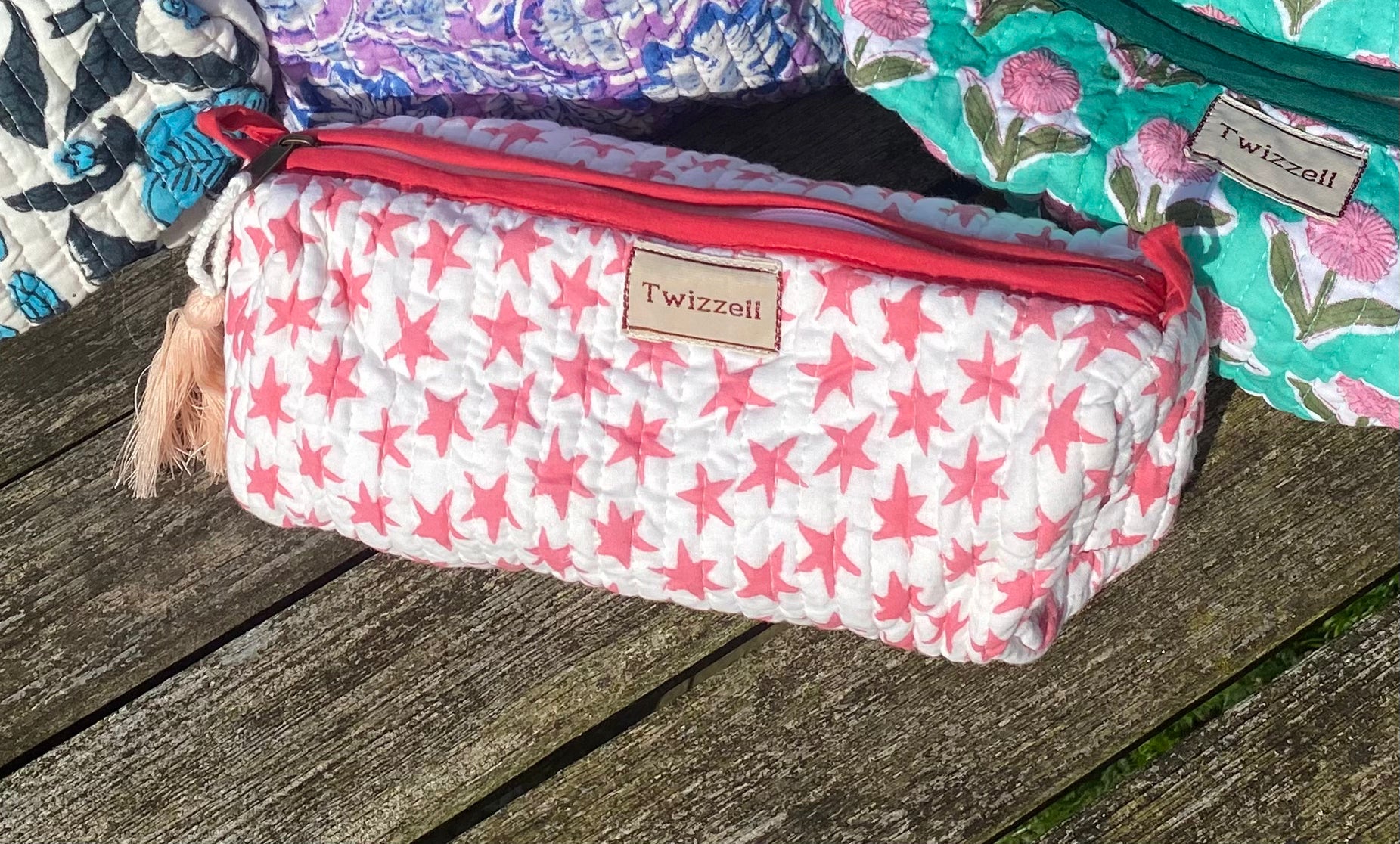 Quilted Indian Block Print Pencil Case - Pink Star