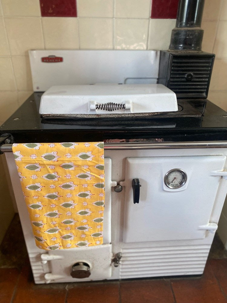 Indian Block Print Tea Towel - Yellow and Green