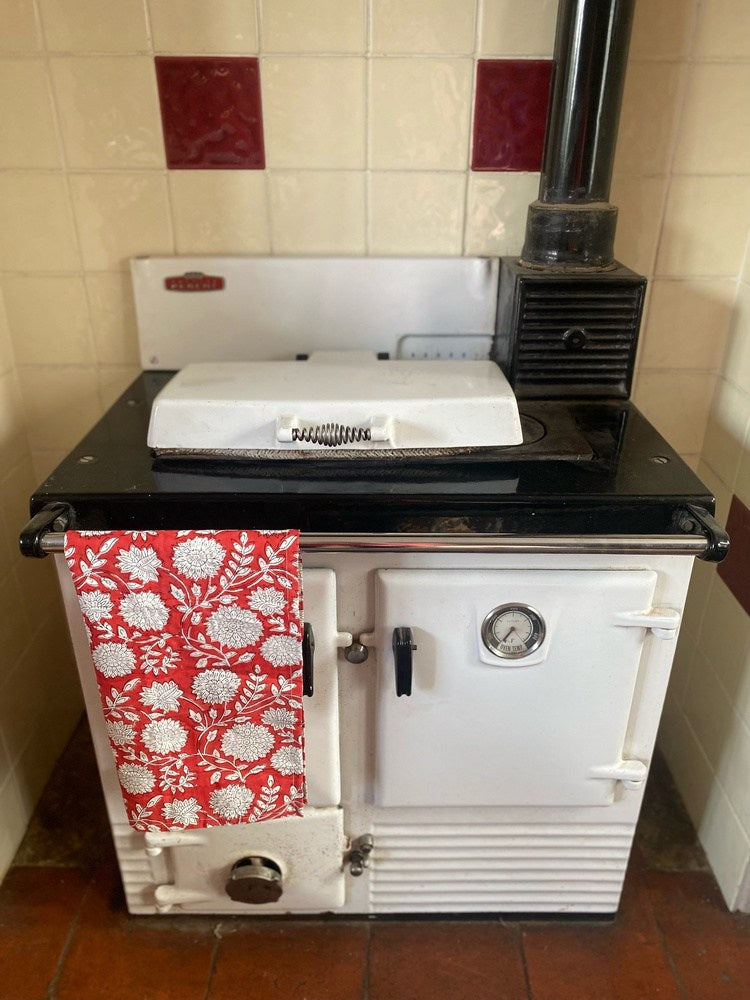 Indian Block Print Tea Towel - Red and White Flowers