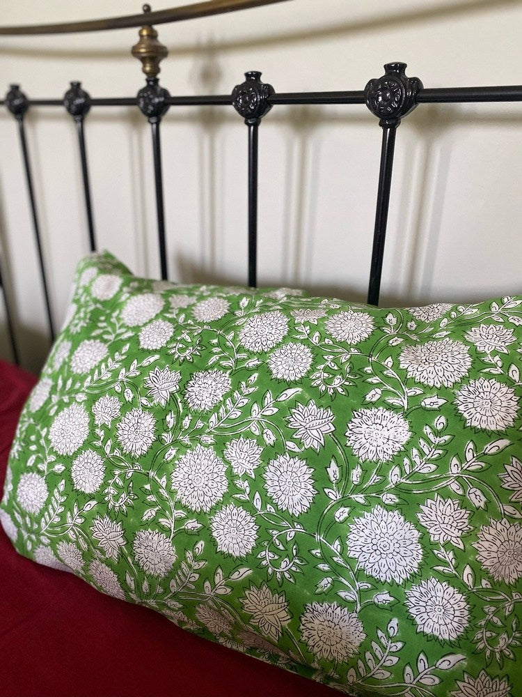 Indian Block Print Cotton Pillowcases - Green and White Flowers