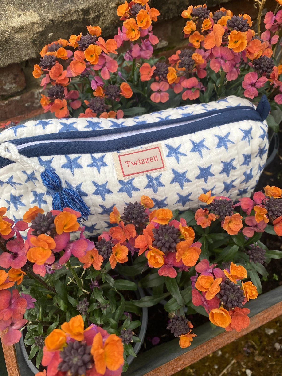 SECONDS Quilted Indian Block Print Pencil Case - Blue Star