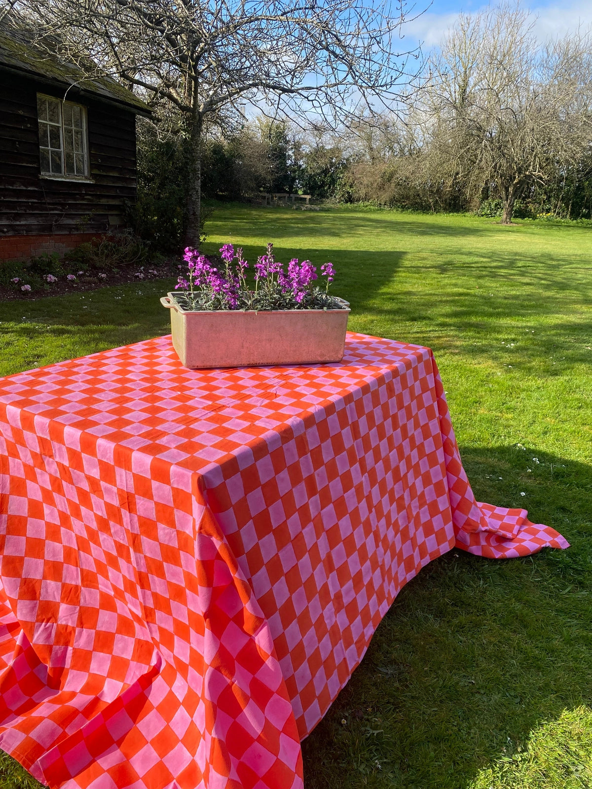 Indian Block Print Tablecloth - Pink and Orange Checkerboard