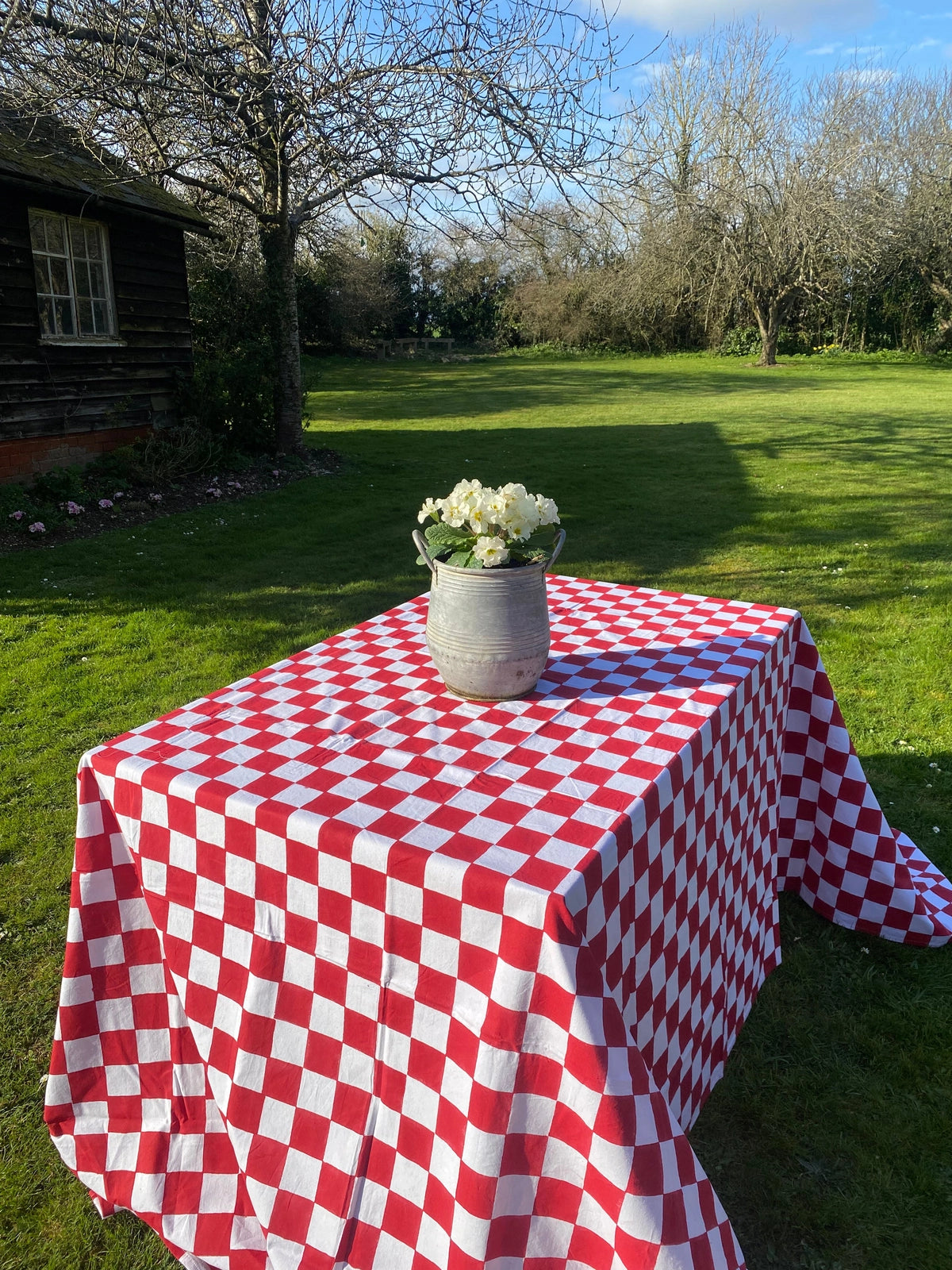 SECONDS Indian Block Print Tablecloth - Red Checkerboard